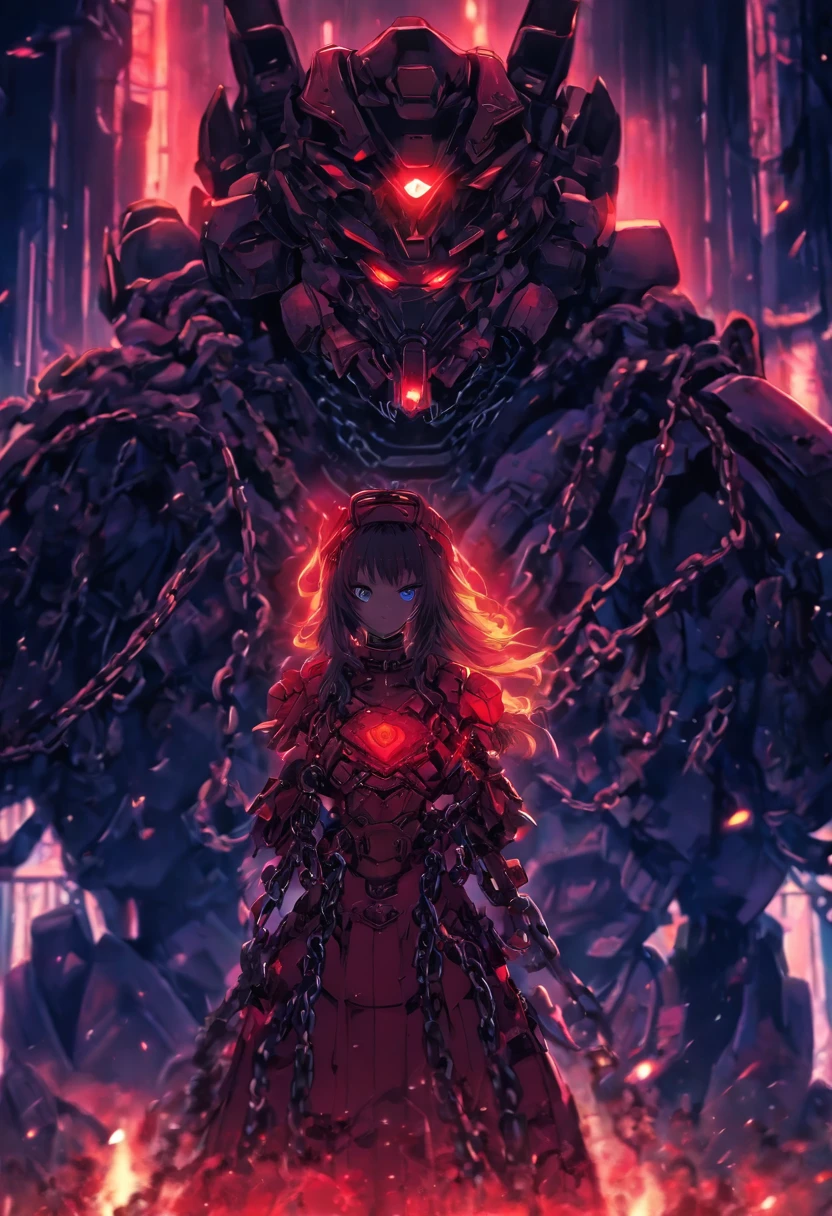 ((horror girl)), (blood power armor), (lots of chains),