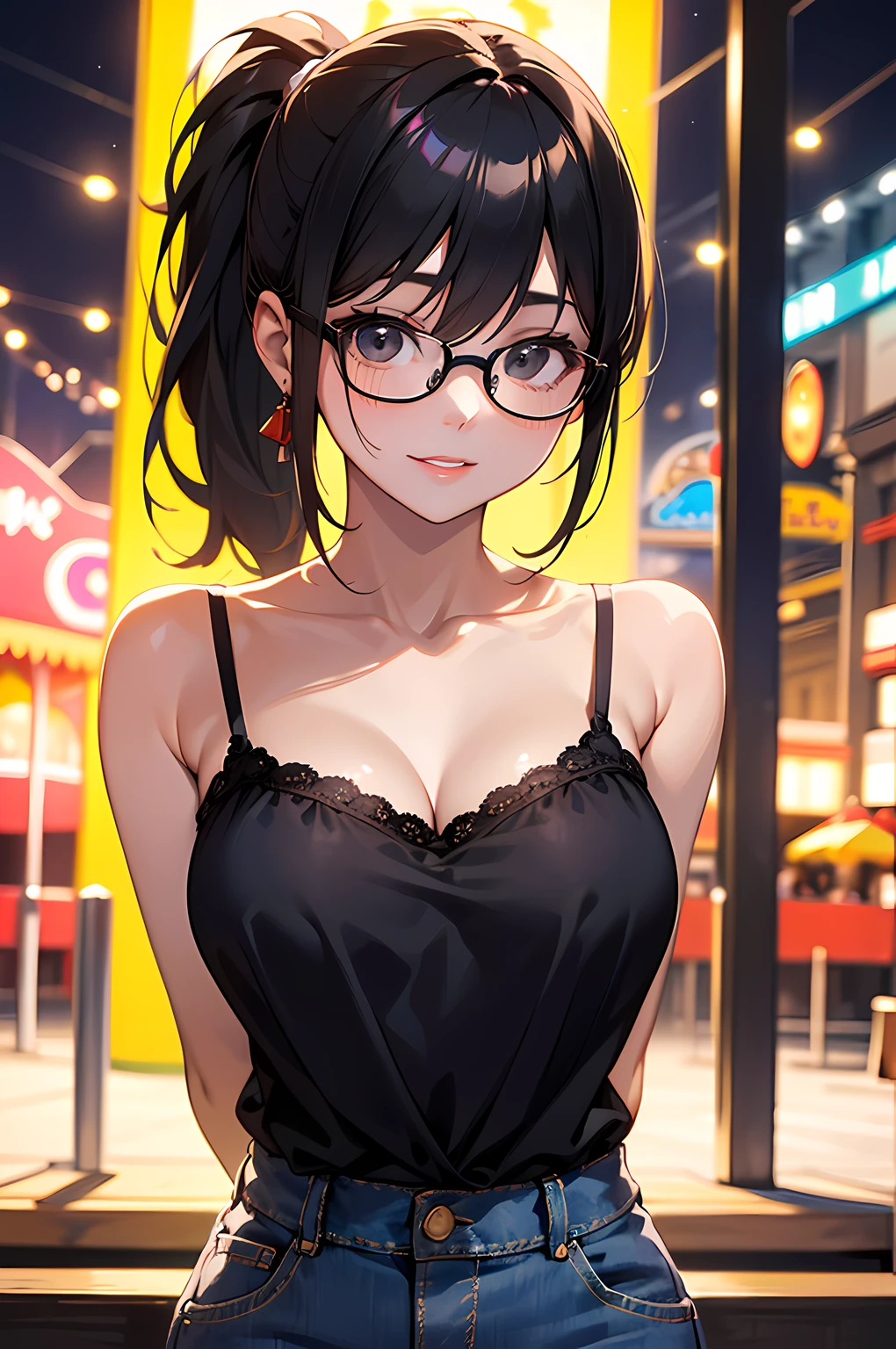 high resolution, Photo of a beautiful woman detailed_face, young handsome girl,realistic:0.5, perfect skin, (wearing a glasses:1.5), from behind:1.5, (ultra-detailed background, detailed background), bokeh, make happy expressions, happy emotion, gorgeous,pure, beautyfull detailed face and eyes,breasts, (black eyes:1.1), (a extremely pretty and beautiful Japanese woman), (sexy girl), (professional attire:1.3), (22 years old: 1.1), BREAK, (lovely outfit:1.2), (detailed blue camisole:1.2), (skinny denim pants:1.2), (leather boots))), cleavage, beautiful detailed skin, (cute:1.2), (black hair), ((jpop idol)), (upper thigh:0.6), (depth of field),soft light, Lens Glow looking at viewer, (Drooping eyes:1.2), straight teeth,smile, floating hair, (black hair:1.2), brown eyes BREAK movie scene, cinematic, full colors, 4k, 8k, 16k, RAW photo, masterpiece, professionally color graded, professional photography, high school girl, hair up, , soft clean focus, realistic lighting and shading, (an extremely delicate and beautiful art)1.3, elegant,active angle,dynamism pose BREAK (ponytail:1.3), (shiny-black thin hair:1.2), bangs, dark brown eyes, beautiful eyes, princess eyes, (big eyes:1.3), bangs, wearing a glasses:1.3, Hair between eyes, short hair:1.3, (slender:1.1), (medium-breasts:0.95), (thin waist: 1.15), (detailed beautiful girl: 1.4), Parted lips, Red lips, full-make-up face, (shiny skin), ((Perfect Female Body)), (upper body image:1.3), Perfect Anatomy, Perfect Proportions, (most beautiful Korean actress face:1.3, extremely cute and beautiful Japanese actress face:1.3), ,(1glasses girl:1.3, solo), ,(blush:1.1), gray background, solo focus, (bust shot:1.2), cinematic light, (nostalgic night scene:1.4), (amusement park:1.4), (merry-go-round、the Ferris wheel、rollercoaster), (arms behind back :1.4), (looking at viewer:1.2