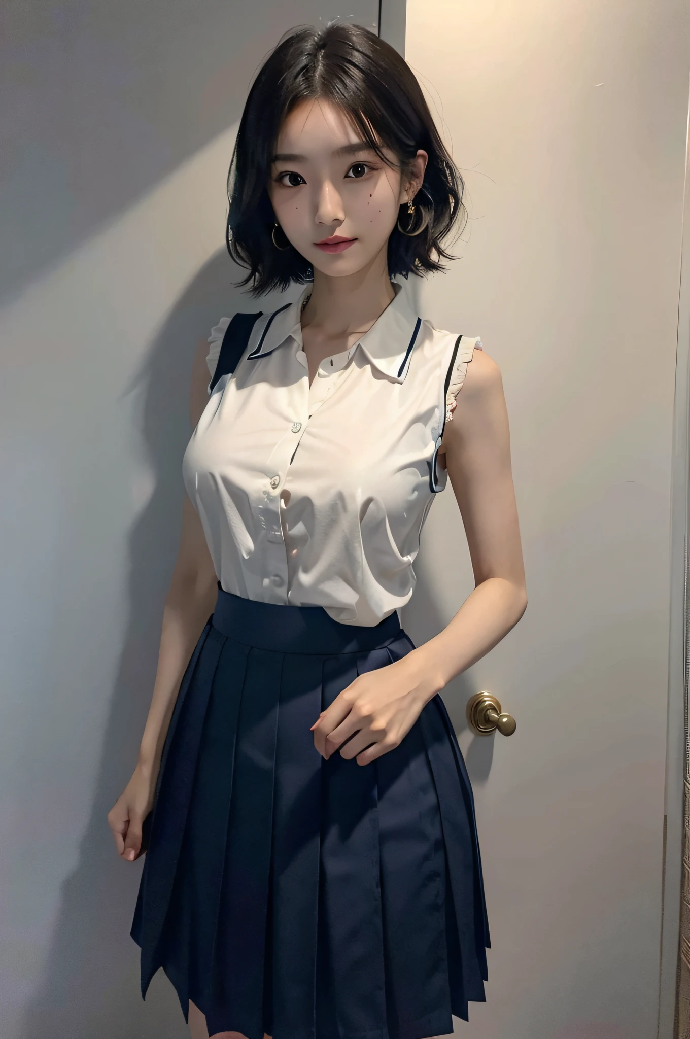 (very huge round breasts, perfect anatomy:1.3), (full body shot:1.4), (short hair, wavy hair:1.1), (Korean school uniform, summer school uniform shirt, skirt, sleeveless:1.3), RAW photo, extremely delicate and beautiful, masterpiece, Best Quality, ultra high resolution, 16k, hyperrealistic, ultra-detailed, Very detailed CG 8k wallpaper, Beautiful Lighting, Perfect Lightning, Realistic Shadows, super Detailed shiny skin, perfect figure, Japanese woman, late 20s, very Slim body, narrow waist, very small head, handsome detailed woman, very detailed eyes and face, realistic face proportions, Stunning detailed eyes, Realistic beautiful face, very small face, Realistic small beautiful eyes, double eyelids, makeup, tearful mole, mole on chest, earring,