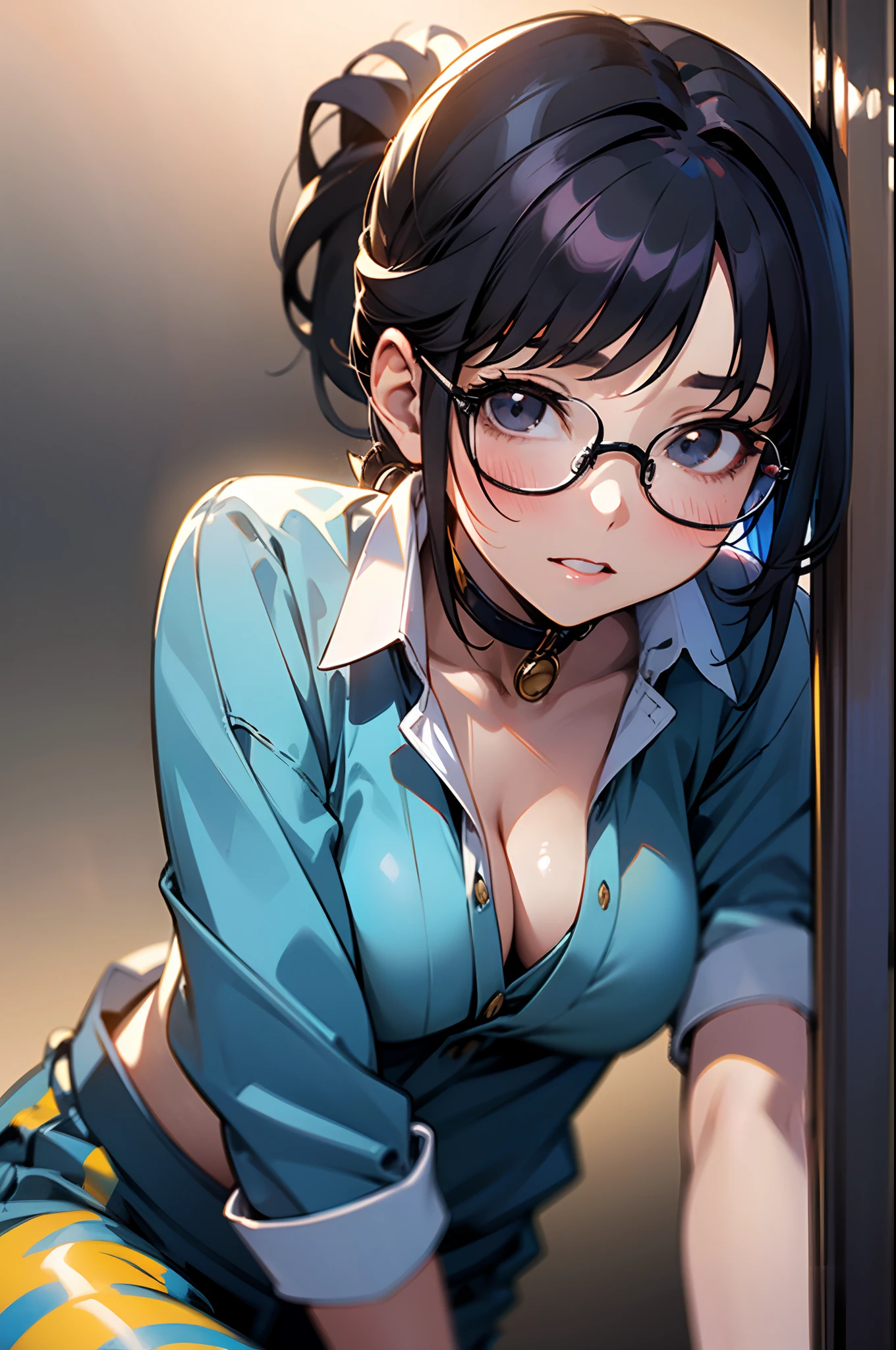 High resolution, Photo details of beautiful women_Face, Young handsome girl,Realistic:0.5, Perfect Skin, (wears glasses:1.5), from behind:1.5, (hyper detailed background, Detailed background), Bokeh, make happy expressions, Happy emotions, Gorgeous,pure, beautiful detailed face and eyes,breasts, (Black eyes:1.1), (Very pretty and beautiful Japan woman), (Sexy Girl), (professional attire:1.3), (22 years old: 1.1), BREAK, (Nice costumes:1.2), (Detailed blue collar shirt:1.2), (Skinny denim pants:1.2), (Leather boots))), cleavage, Beautiful detailed skin, (Cute:1.2), (Black hair), ((JPOP Idol)), (upper thigh:0.6), (depth of fields),Soft light, Lens glow staring at the viewer, (drooping eyes:1.2), Straight teeth,Smile, Floating hair, (Black hair:1.2), Brown eyes break movie scenes, Cinematic, fulcolor, 4K, 8K, 16 K, Raw photo, masutepiece, professionally color graded, Professional Photography, High School Girl, Hair UP, , soft clean focus, Realistic lighting and shading, (an extremely delicate and beautiful art)1.3, Elegant,Active Angle,Dynamism Pose Break (Ponytail:1.3), (shiny black fine hair:1.2), Bangs, dark brown eyes, Beautiful eyes, Princess Eyes, (Big eyes:1.3), Bangs, wears glasses:1.3, hair between eye, Short hair:1.3, (slender:1.1), (medium breasts:0.95), (thin waist: 1.15), (Detailed beautiful girl: 1.4), Parted lips, Red lips, Full Makeup Face, (Shiny skin), ((Perfect female body)), (Upper body image:1.3), Perfect Anatomy, Perfect proportions, (The faces of the most beautiful Korean actresses:1.3, Very cute and beautiful Japan actress face:1.3), ,(1 girl with glasses:1.3, Solo), ,(blush:1.1), Gray background, Solo Focus, (bustshot:1.2), Cinematic Light, (Nostalgic night view:1.4), (amusement park:1.4), (merry-go-round、the Ferris wheel、rollercoaster), (arms behind back :1.4), (Looking at Viewer:1.2