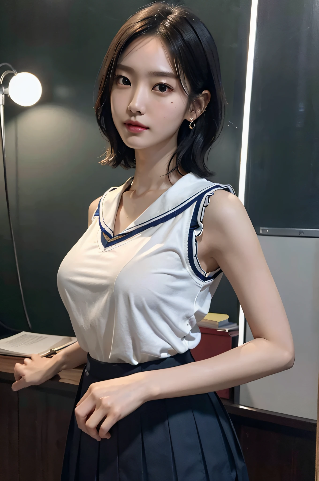 (very huge round breasts, perfect anatomy:1.3), (full body shot:1.4), (short hair, wavy hair:1.1), (Korean school uniform, summer school uniform shirt, skirt, sleeveless:1.3), RAW photo, extremely delicate and beautiful, masterpiece, Best Quality, ultra high resolution, 16k, hyperrealistic, ultra-detailed, Very detailed CG 8k wallpaper, Beautiful Lighting, Perfect Lightning, Realistic Shadows, super Detailed shiny skin, perfect figure, Japanese woman, late 20s, very Slim body, narrow waist, very small head, handsome detailed woman, very detailed eyes and face, realistic face proportions, Stunning detailed eyes, Realistic beautiful face, very small face, Realistic small beautiful eyes, double eyelids, makeup, tearful mole, mole on chest, earring,