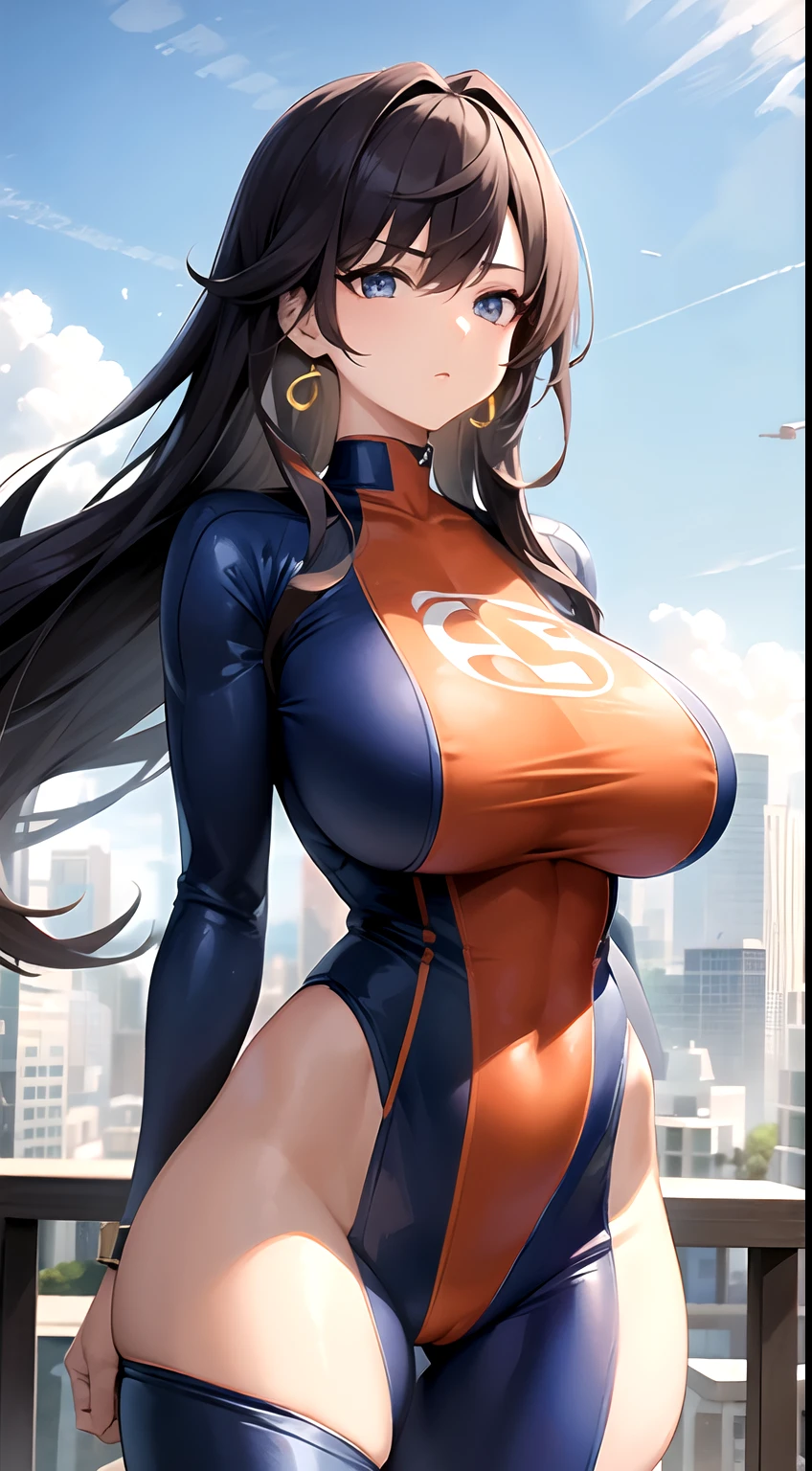 1girl, (superheroine, giantess), cool and mature, defiant, long hair, earring, (bodysuit, spandex), (blue orange white, costume), in town, (tower sized woman)++, dynamic pose, dynamic angle, (large breast)+, (skinny leg)+,  long leg, thighhighs, bare legs, landscape, cityscape, in between skyscrapers, (Best quality), ((masterpiece)), (perfect female proportions)