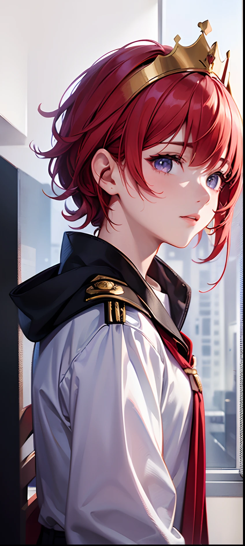 Beautiful illustration, top quality, , Red hair with two bangs, (((long-sleeved captain shirt))), purple eyes, wearing a crown