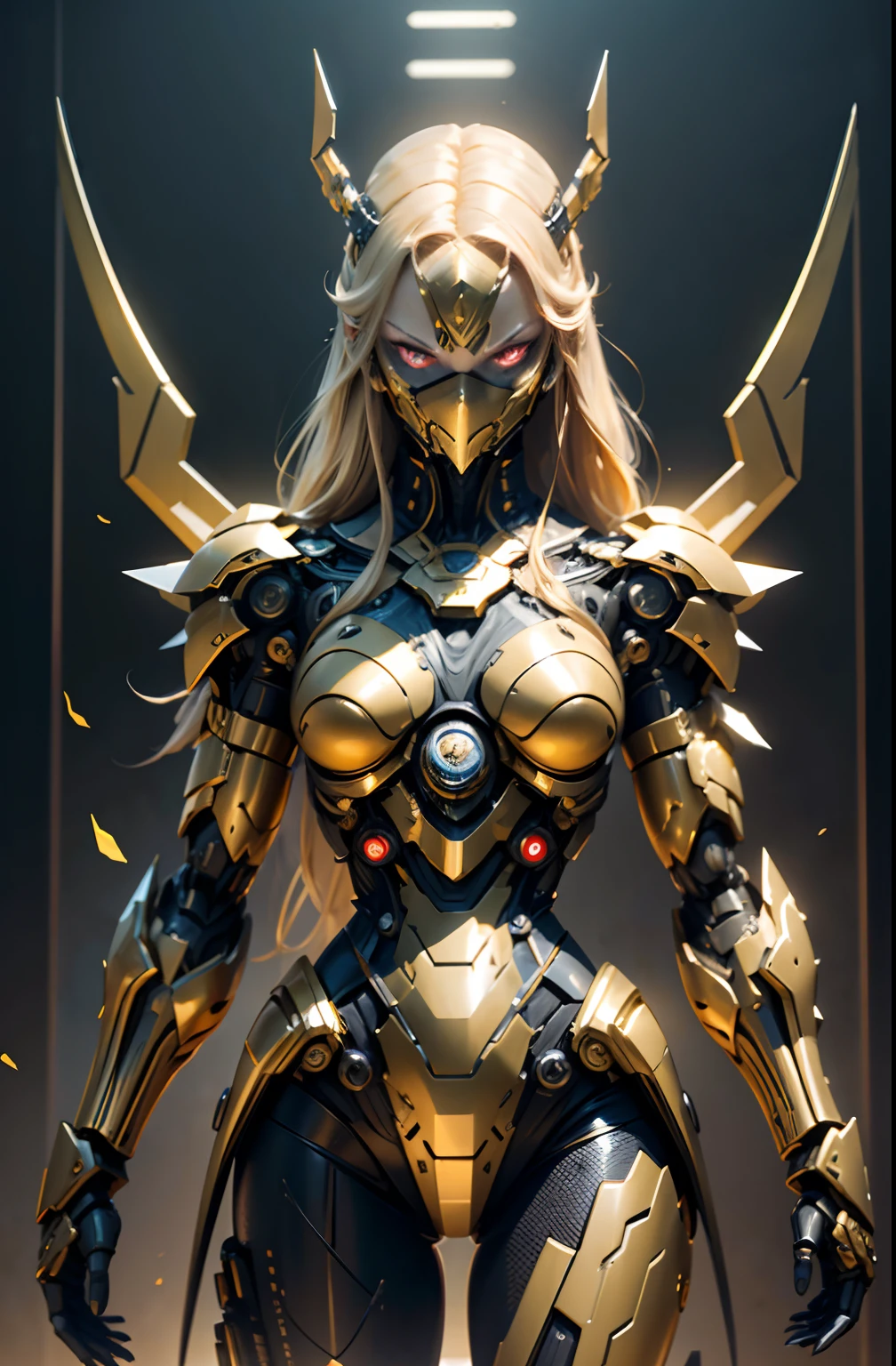 Fantasy、Wearing the Golden Mask、Golden hair color、cyberpunked、(Double Sword、Scorpion Cyborg Woman、Das Veilchen:1.1)、1 woman、Mechanical technology、Robot Presence、Ninja-like fighting stance、Cybernetic Guardian、