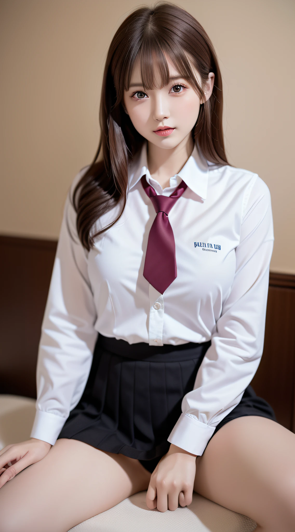 (1girl), ((Best Quality)), (Ultra-detailed), (extremely detailed CG unified 8k wallpaper), Highly detailed, High-definition raw color photos, Professional Photography, Peanut butter brown hair, Amazing face and eyes, Pink eyes, (amazingly beautiful girl), School, (High School Uniform), Sitting, (Spread your legs wide open),