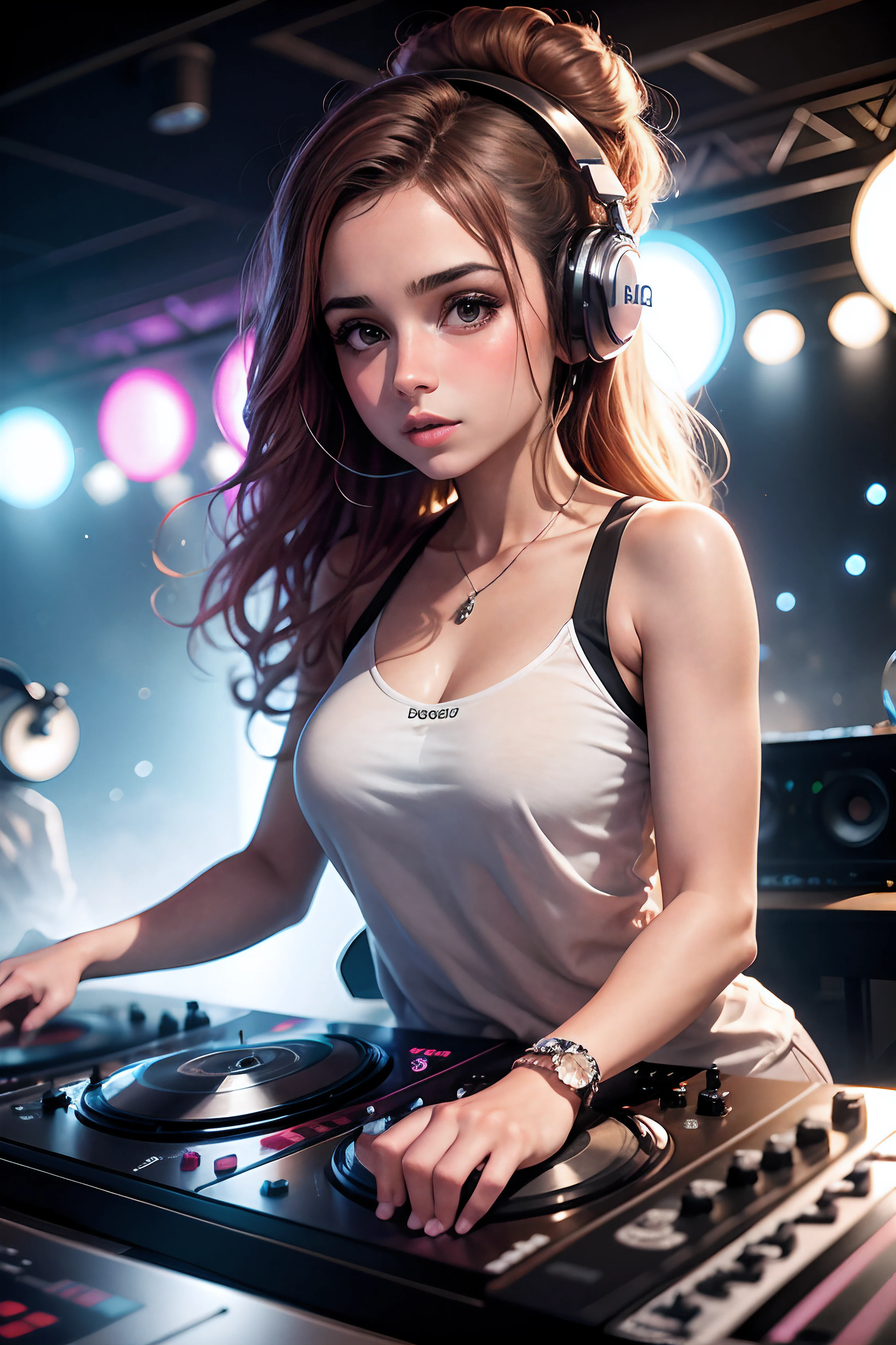ssdarts a female dj with headphones, performing live on stage on a shiny dj turntable, dynamic pose, extatic, sweaty skin, sweaty clothes,wet short hair,smile, red logo on her chest ,dark athmosphere, Hyper-Realistic, Hyper-Detailed, best quality masterpiece, photorealistic, detailed, sharp focus, 8k, HDR, shallow depth of field, broad light, high contrast, backlighting, bloom, chromatic aberration, sharp focus,Artgerm, Greg Rutkowski, 35mm