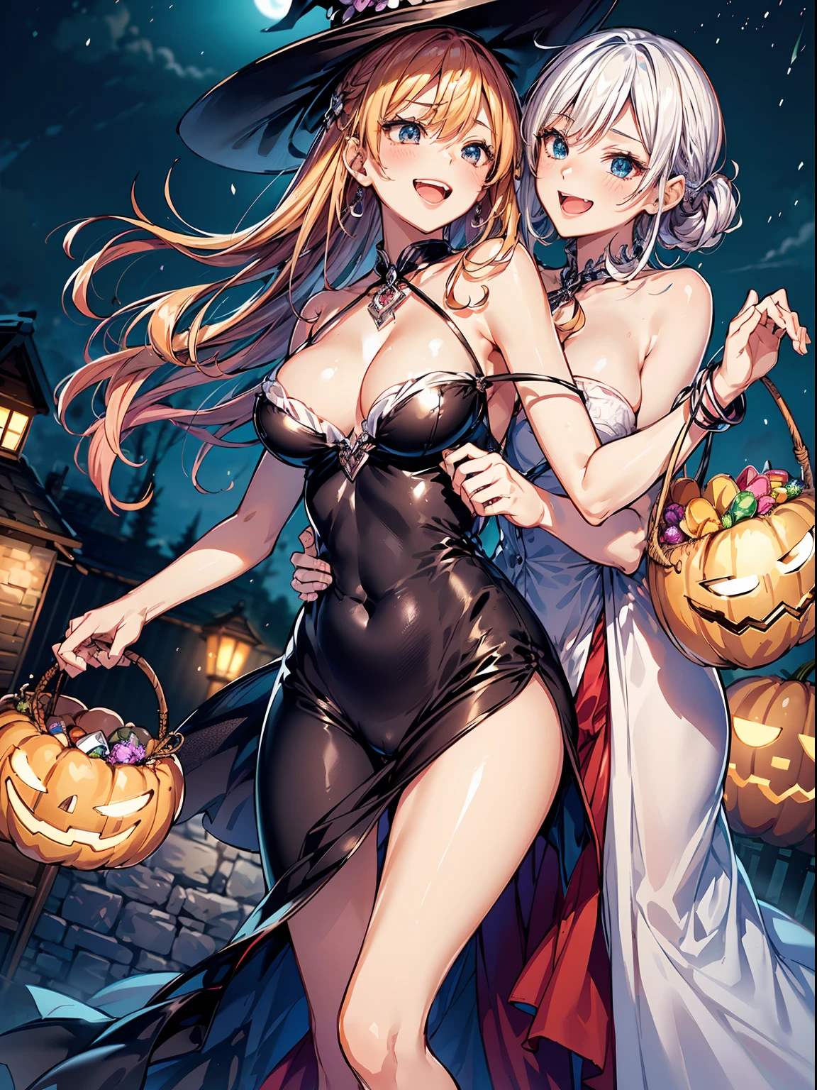 Pair shot, cute 2 anime girls (dancing in front of a bonfire), (2Girls, pair:1.2), cozy wallpaper, anime moe artstyle, kantai collection style, 4 k manga wallpaper, anime visual of a cute girl, anime wallaper, anime style 4 k, trick or treat, halloween, Jack O lantern, basket filled of many candies, ((high detailed witch outfits:1.2, robe, witch's pointing hats)), (vampire costume:1.2), ((dark chestnut medium short hair:1.25, updo, wavy hair)), outdoor, in a park, (blurry background, bokeh), (in a night:1.2), ((ultra high resolution, 8K RAW photo, photo realistics:1.2)), textile shading, fine detailed face, beautiful detailed eyes, ultra detailed smooth skin, (looking away, laughing), (correct anatomy:1.5), (dutch angle, wide shot:1.3), from behind,
