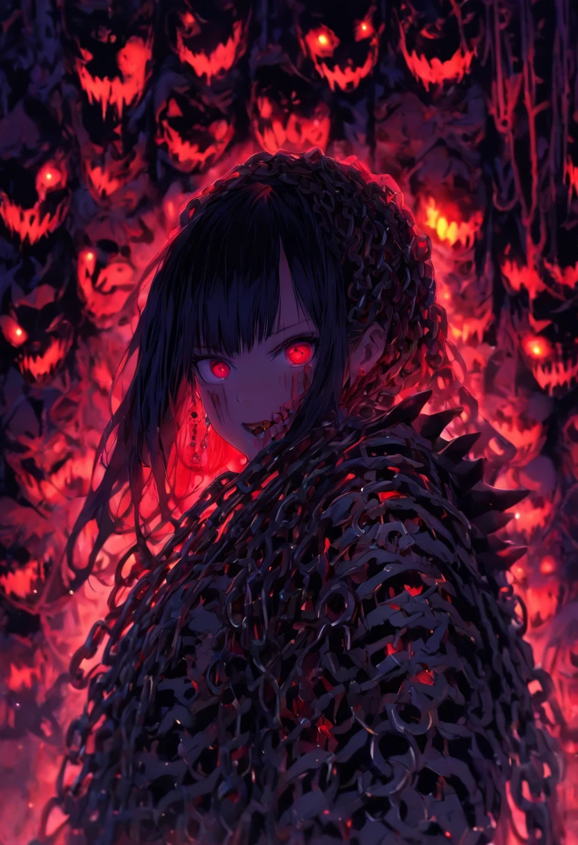 ((horror girl)), (blood big armor, (lots of chains),