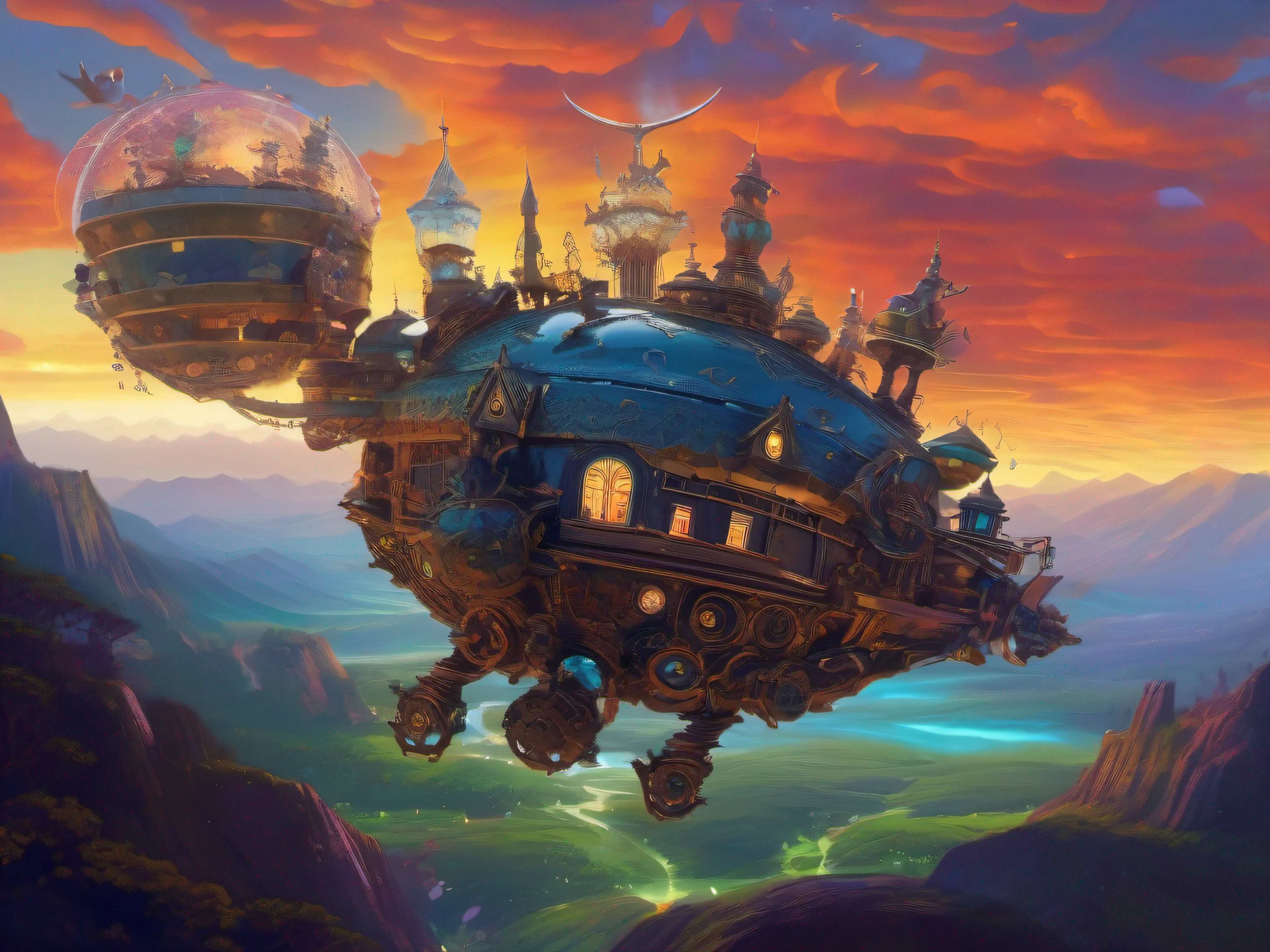 biomechanical moving castle creature, inspired by Miyazaki's "Howl's Moving Castle", with intricate clockwork mechanisms, glowing crystal structures, and floating platforms, surrounded by a vibrant, fantastical landscape.
