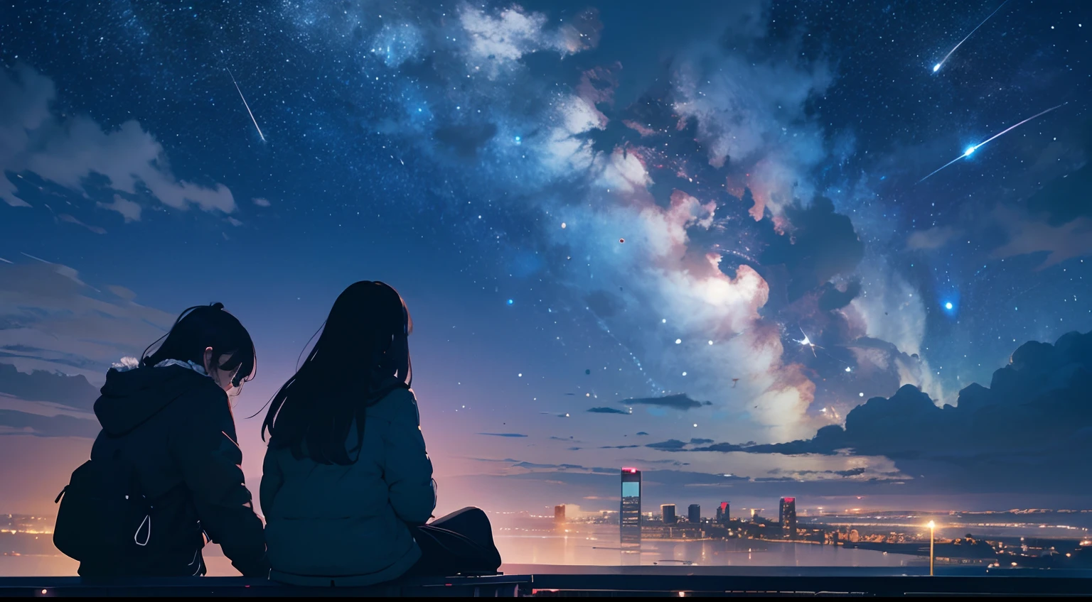 octans, sky, star (sky), scenery, starry sky, night, 1girl, night sky, solo, outdoors, building, cloud, milky way, sitting, tree, long hair, city, silhouette, cityscape