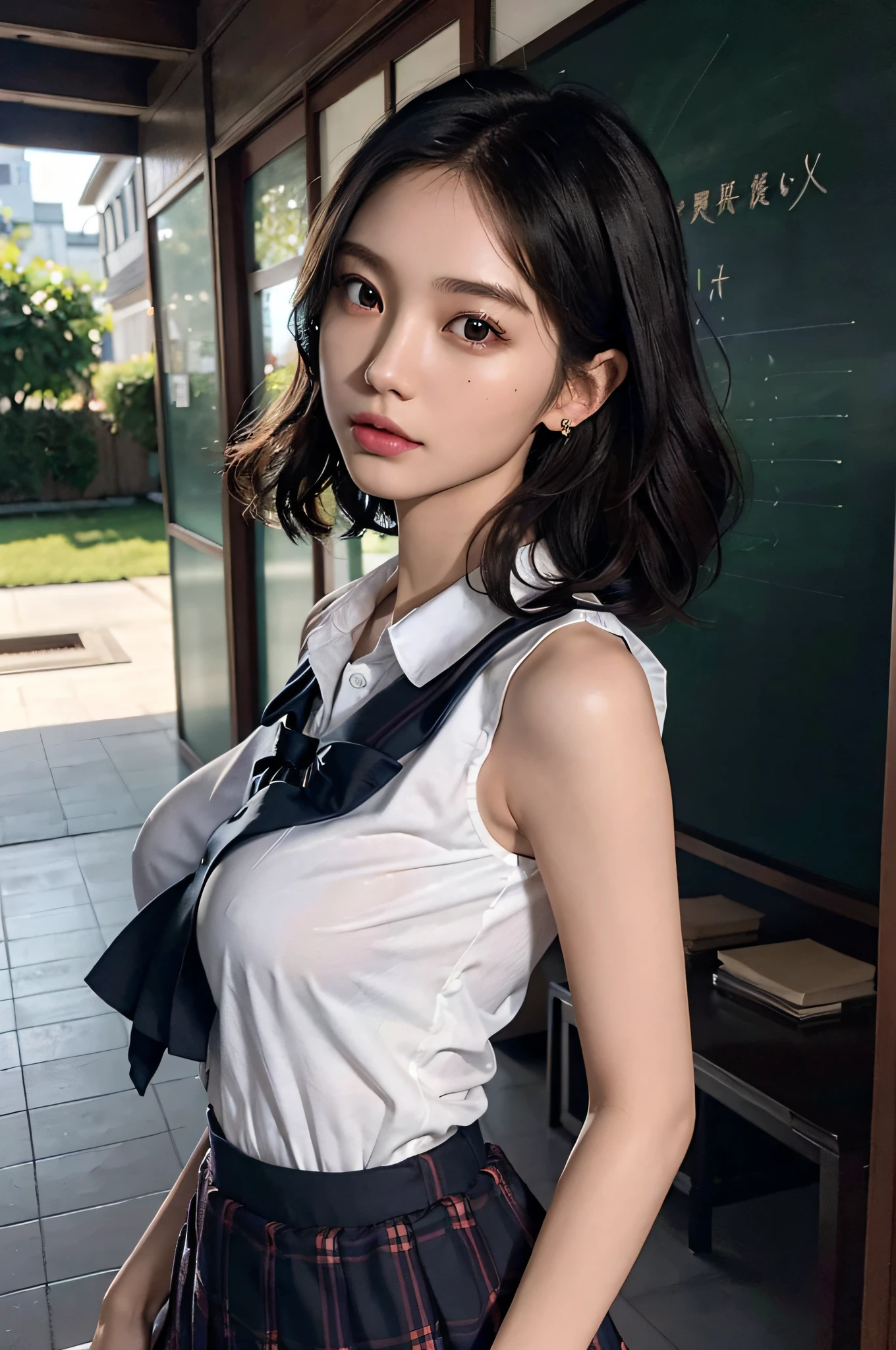 (very huge round breasts, perfect anatomy:1.3), (full body shot:1.4), (short hair, wavy hair:1.1), (school uniform, summer school uniform shirt, skirt, sleeveless:1.3), RAW photo, extremely delicate and beautiful, masterpiece, Best Quality, ultra high resolution, 16k, hyperrealistic, ultra-detailed, Very detailed CG 8k wallpaper, Beautiful Lighting, Perfect Lightning, Realistic Shadows, super Detailed shiny skin, perfect figure, Japanese woman, late 20s, very Slim body, narrow waist, very small head, handsome detailed woman, very detailed eyes and face, realistic face proportions, Stunning detailed eyes, Realistic beautiful face, very small face, Realistic small beautiful eyes, double eyelids, makeup, tearful mole, mole on chest, earring,
