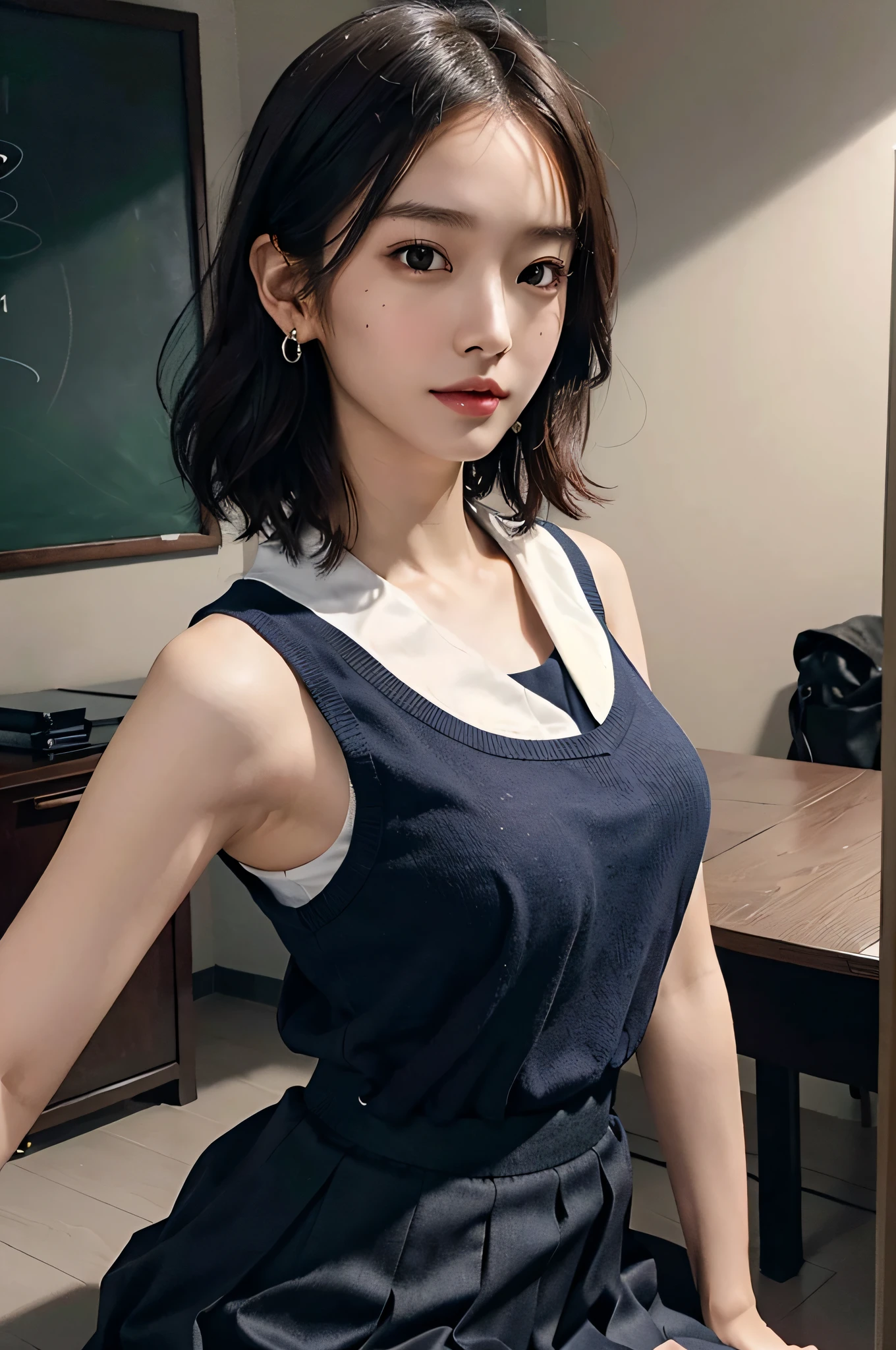 (very huge round breasts:1.3), (full body shot), (short hair, wavy hair), (school uniform, summer school uniform shirt, skirt, sleeveless:1.2), RAW photo, extremely delicate and beautiful, masterpiece, Best Quality, ultra high resolution, 16k, hyperrealistic, ultra-detailed, Very detailed CG 8k wallpaper, Beautiful Lighting, Perfect Lightning, Realistic Shadows, perfect anatomy, super Detailed shiny skin, perfect figure, Japanese woman, late 20s, very Slim body, narrow waist, very small head, handsome detailed woman, very detailed eyes and face, realistic face proportions, Stunning detailed eyes, Realistic beautiful face, very small face, Realistic small beautiful eyes, double eyelids, makeup, tearful mole, mole on chest, earring,