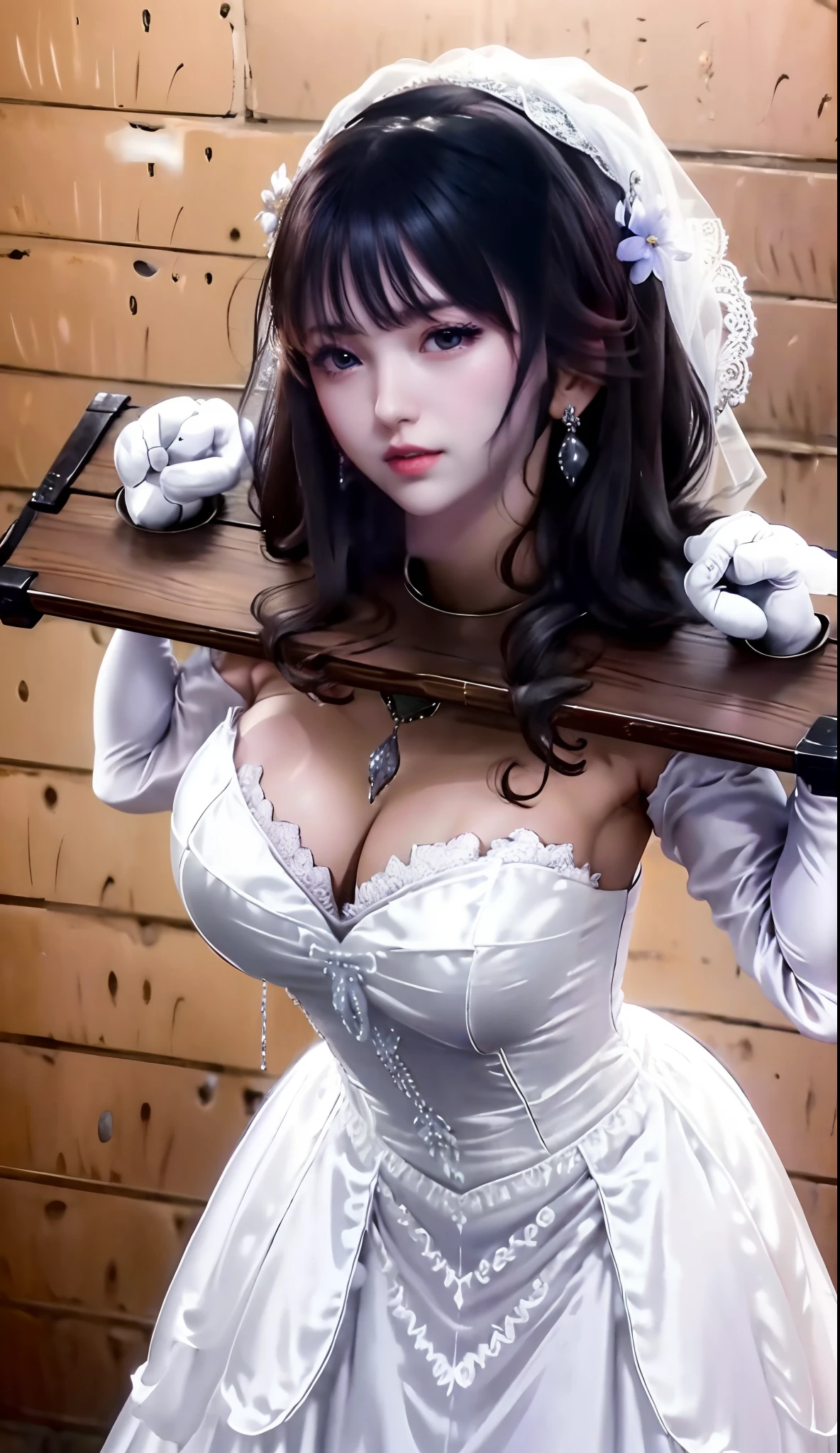 Close-up of a beautiful bride wearing a beautiful wedding dress, Gurwitz,(Pillory:1.5), (flail:1.2), flail on the head, flail on the hands,full body photo, whole body, (bridal veil: 1.5), (transparent short veil: 1.5), flushed face, head flower, tiara, Very detailed princess wedding dress,(tube wedding dress: 1.5), (silk dress: 1.2 ), (strapless wedding dress: 1.5), (floor length skirt:1.2), pure white dress,white long skirt, necklace, earrings, (huge breasts: 1.3), deep V heart-neck wedding dress, bangs, lipstick, (lace gloves: 1.3), high detail RAW Color art,