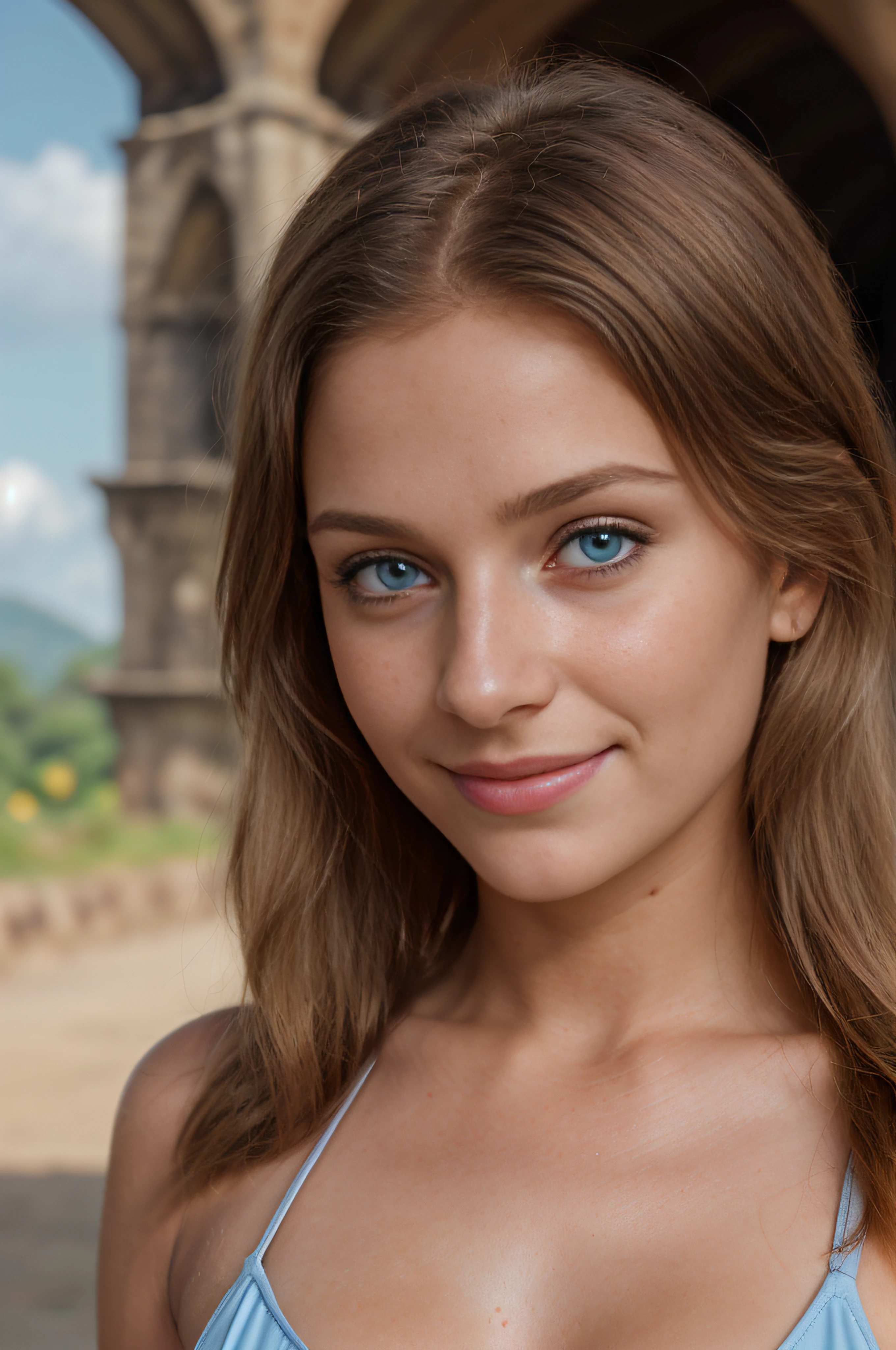Nine-arch viaduct bridge in Sri Lanka, sun, Palma, Sri Lanka, young girl, blonde woman, Slim, handsome body, tmasterpiece, (8K, present, foto realista, beste-Qualit: 1.4), Sparkle in the eyes, beatiful face, (A real person: 1.5), (hair light, hairlong: 1.3), Happy smile, realistic blue eyes, beautiful detail eyes, (real-looking-skin: 1.4), Beautiful skin, Attractive, extra high resolution, ultra realisic, hight resolution, the golden ratio, (Detailed Face: 1.5), 18 years, Mila Jovovitch, red bikini, Breasts are small, NSFW, (Detailed breasts: 1.5), A lot of emphasis on the chest, (textures!, hairsh!, glistering, a color!!, imperfections: 1.1), highly detailed glossy eyes, (is looking at the camera), looks at the viewer, The shape of the pubis is transparent and clear, a girl stands against the backdrop of a nine-arched viaduct bridge near the city of Ella in Sri Lanka, legs spread towards the viewer, bokeh