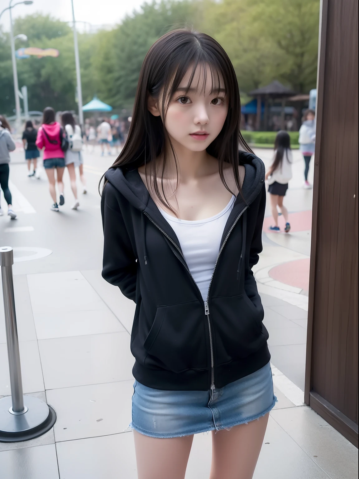 年轻,(a miniskirt),Mokomoko's hoodie,teens girl,Delicate body,petite body,Delicate body,small tits,tiny chest,Short,A dark-haired,Very Longhair,a shower,An amusement park