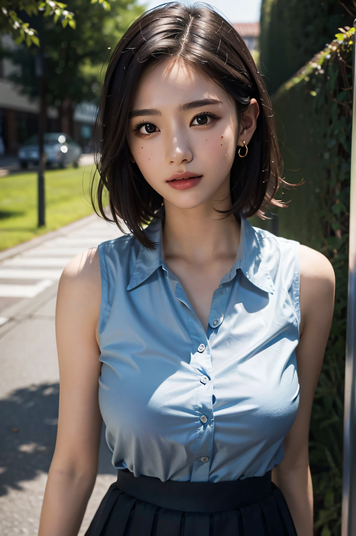 (very huge round breasts:1.3), (full body shot), (short hair, wavy hair), (school uniform, summer school uniform shirt, skirt, sleeveless:1.2), RAW photo, extremely delicate and beautiful, masterpiece, Best Quality, ultra high resolution, 16k, hyperrealistic, ultra-detailed, Very detailed CG 8k wallpaper, Beautiful Lighting, Perfect Lightning, Realistic Shadows, perfect anatomy, super Detailed shiny skin, perfect figure, Japanese woman, late 20s, very Slim body, narrow waist, very small head, handsome detailed woman, very detailed eyes and face, realistic face proportions, Stunning detailed eyes, Realistic beautiful face, very small face, Realistic small beautiful eyes, double eyelids, makeup, tearful mole, mole on chest, earring,