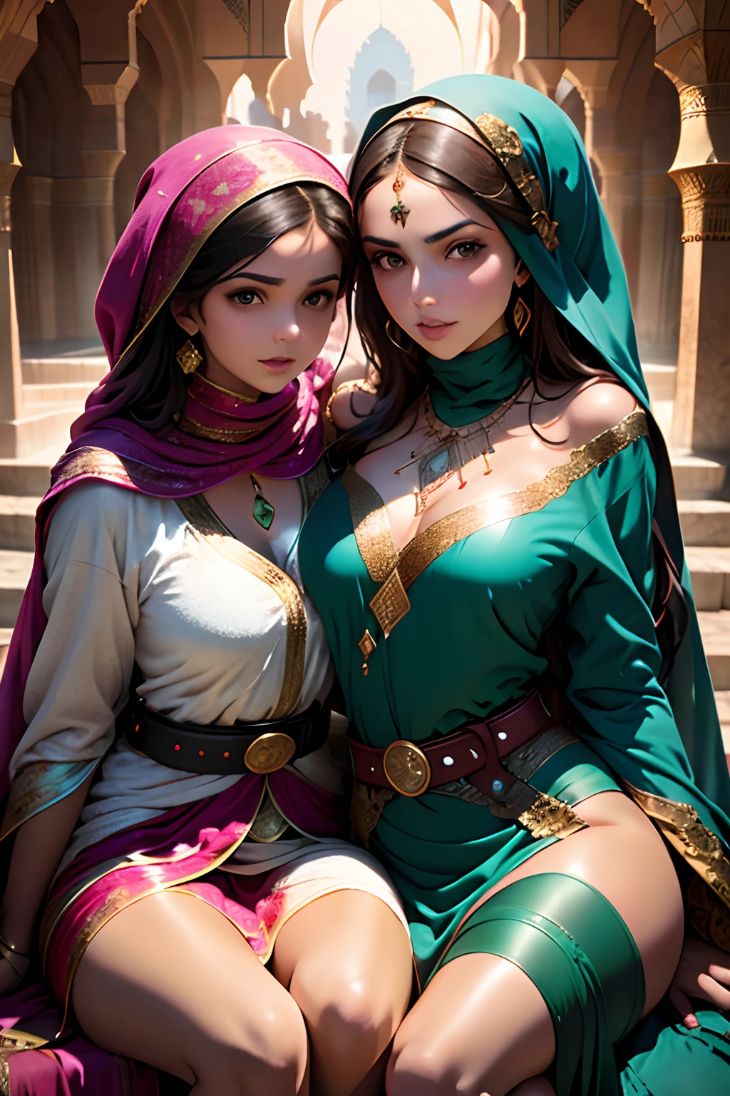 Mavtan Moroccan Islamic surreal super detail,model shoot,two girls sitting together,duo,Dynamic pose,leering,(Dream belt,Dream robes,Fantastic ribbons),Hug and touch each other,Biting a friend's earlobe, Hug each other from behind, Touch your friend's chest from below,