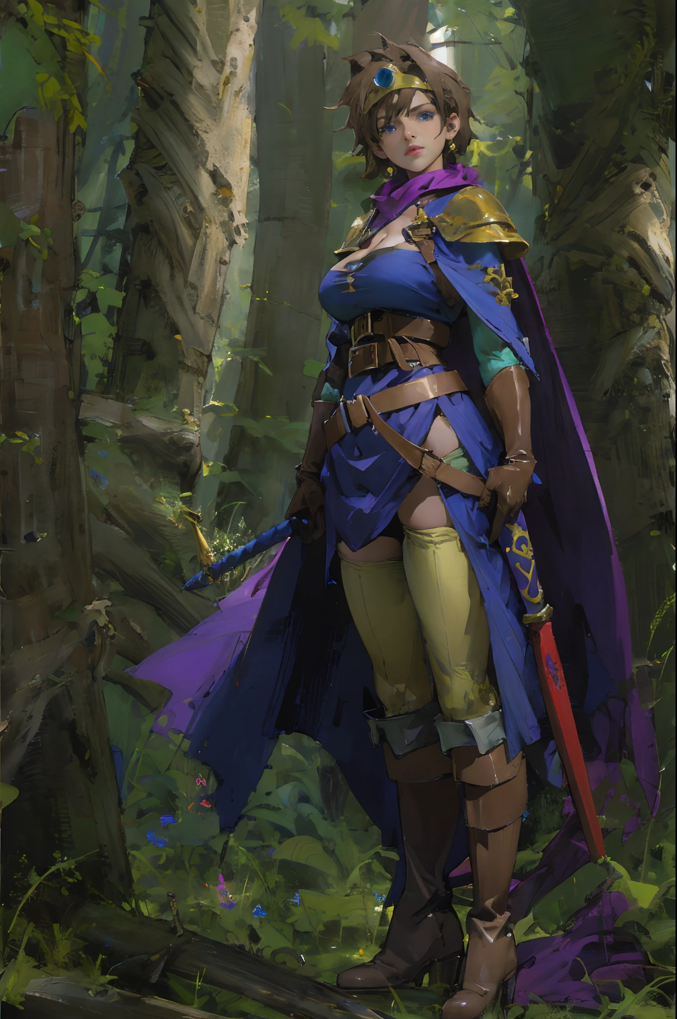 (((Top Quality: 1.4))),(Unparalleled Masterpiece), (Ultra High Definition),(Ultra-Realistic 8k CG),official art, (sheathed weapon on back:1.2), roto (dq3),, solo, short hair, brown hair, blue eyes, circlet, large breasts, cleavage, strapless, blue dress, purple cape, thigh-high , elbow gloves, boots, belt, scabbard,, knee boots, in dark forest,