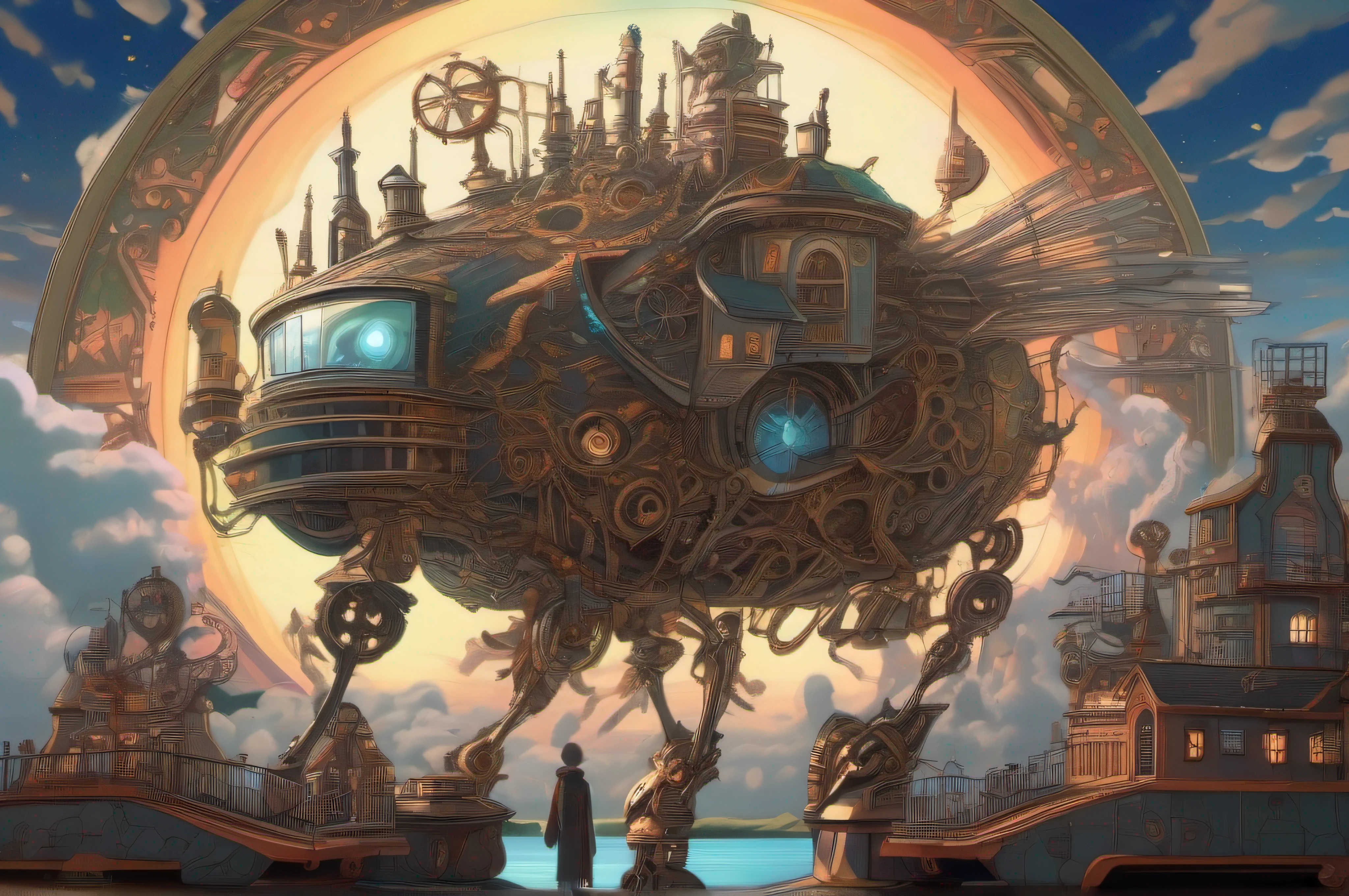 Futuristic steampunk, biomechanical moving castle creature, inspired by Miyazaki's "Howl's Moving Castle", with intricate clockwork mechanisms, glowing crystal structures, and floating platforms, surrounded by a vibrant, fantastical landscape.