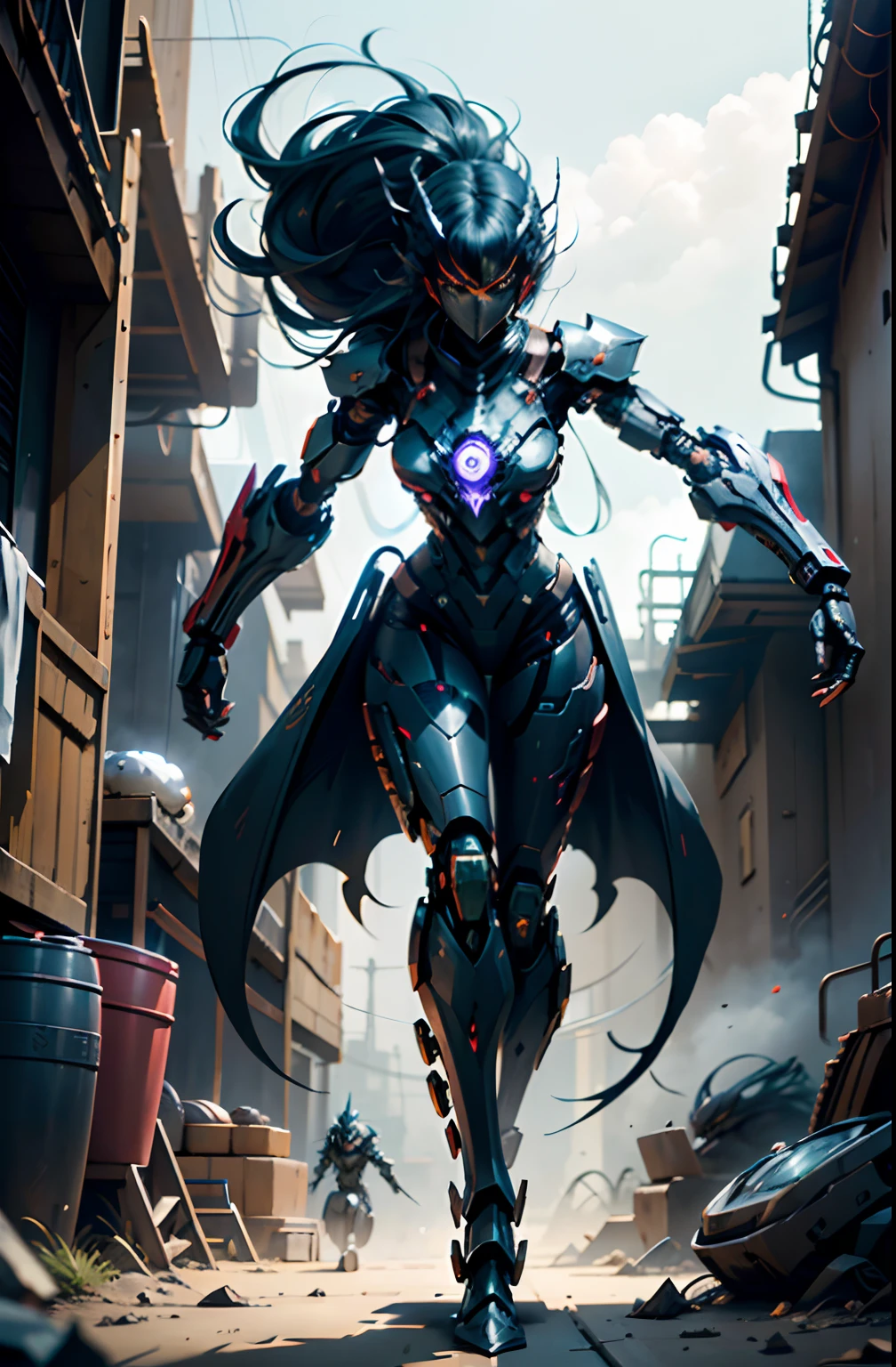 Fantasy、Wearing a mask、Black hair color、Super long hair、cyberpunked、(Double Sword、Scorpion Cyborg Woman、Das Veilchen:1.1)、1 woman、Mechanical technology、Robot Presence、Ninja-like fighting stance、Cybernetic Guardian、