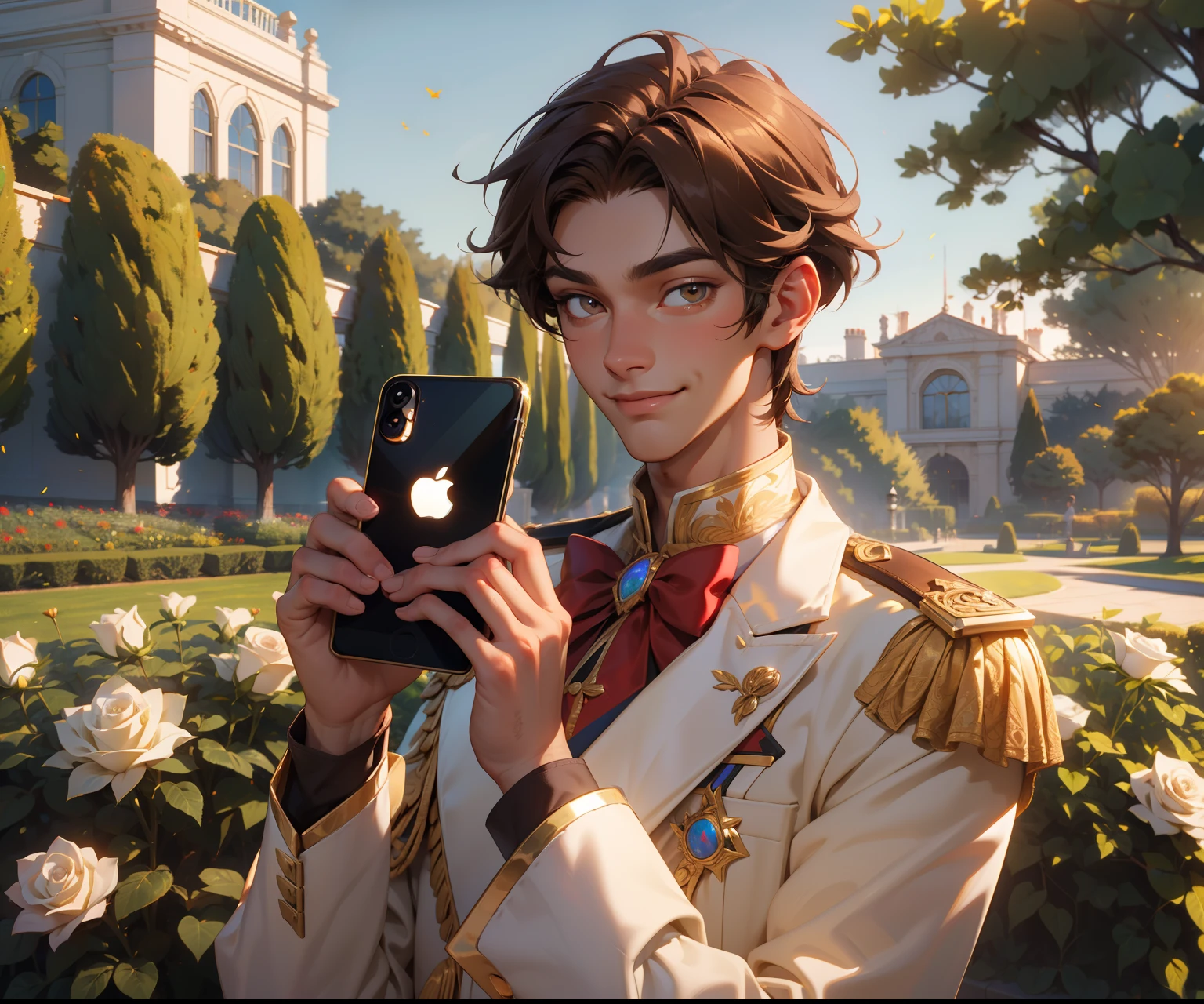 (absurdres, highres, ultra detailed), 1 male, adult, handsome, tall, Brown hair, finely detailed opal Honey eyes and detailed face, prince uniform, smile, outdoors, palace rose garden, sunlight, 8k resolution, with an iPhone 15 pro max phone in her hands with a bow to give as a gift