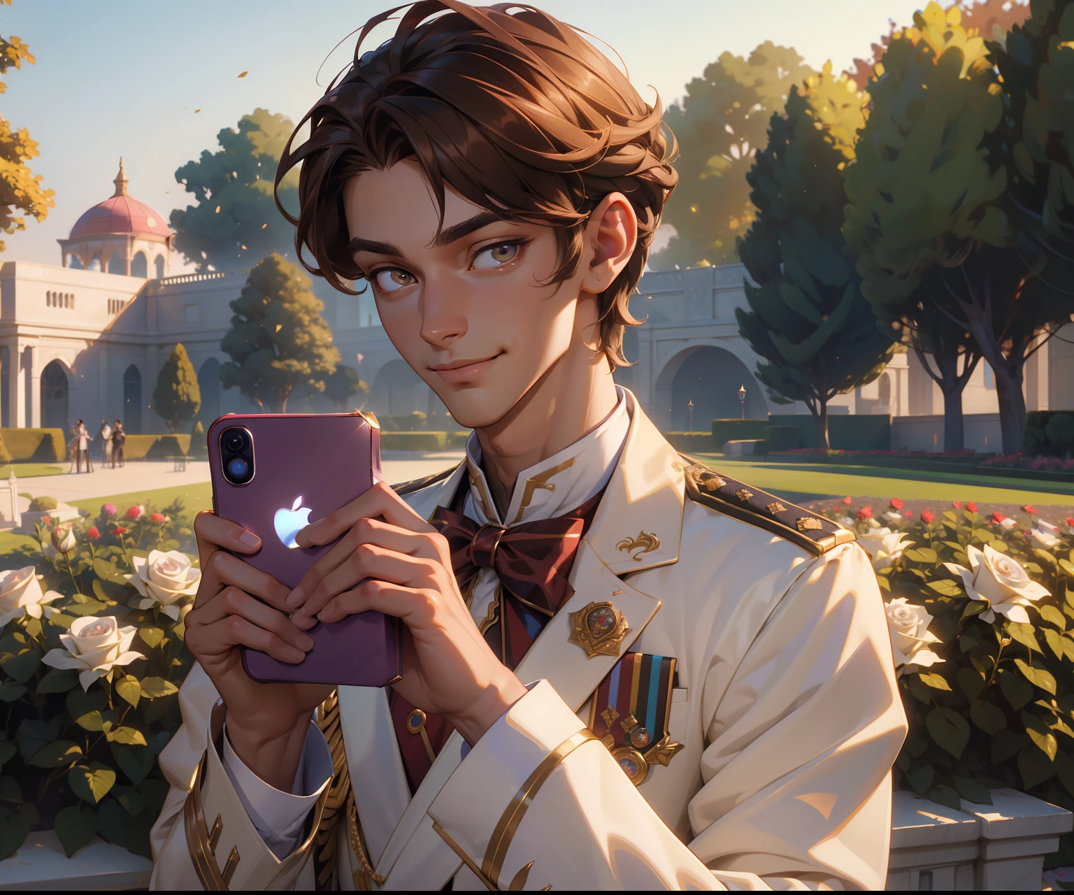 (absurdres, highres, ultra detailed), 1 male, adult, handsome, tall, Brown hair, finely detailed opal Honey eyes and detailed face, prince uniform, smile, outdoors, palace rose garden, sunlight, 8k resolution, with an iPhone 15 pro max phone in her hands with a bow to give as a gift,