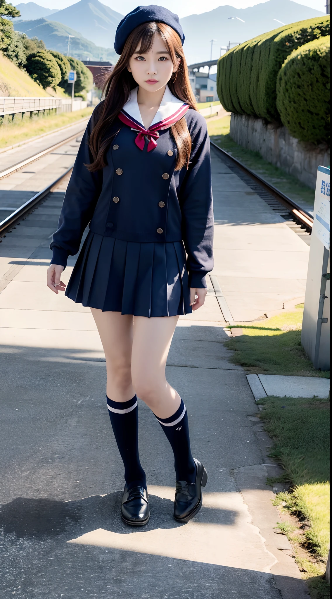 mix4, (16 K, Raw photography, Top image quality, masterpiece: 1.45), (realisitic, Photorealsitic: 1.37), one girls, 7.5, etc、Random hairstyle、Standing figure,Daytime、a very cute,countryside view,, profetional lighting, photon maping、physically-based renderingt, Gradient dark brown hair,Crisp backgrounds and high resolution, a handsome, Well-groomed and beautiful eyes、Large double eyelids、Very shiny、girl with, (((student clothes、Winter clothes、Sailor suit worn by Japan schoolgirl、Navy blue sailor color、scarf、a miniskirt, Small beret、high socks、lowfers))), Top Quality Photos, hight resolution, 1080p, (clearface), (Detailed face description), (Detailed hand description), (masterpiece), (Exquisite CG)、extreme light and shadows、dishevled hair、master work、abundant detail、(Fine facial features)、(top quality photo)、(masuter piece)、(A detailed eye)、Look in front of you、Fine clavicle、((Slender big))、(((Japan schoolgirl in sailor suit)))、((Idle system))、((country、train track、railroad crossing、Mountains in the distance々))、(((neat and cute)))、耳Nipple Ring、A big smile、Drawing the whole body from the knees、Do not draw nasolabial folds、(((Long sleeve sailor suit)))、(Big breasts that hang down big:1.2)、Big buttocks with tension、Two arms and two legs、(((from the front side:0.3)))、bare hand、No mask、No skin exposure