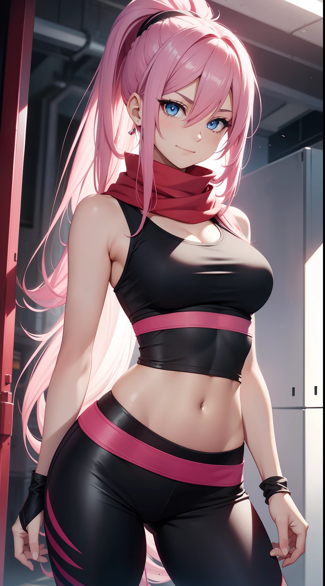 young girl, long pink hair, mohawk hairstyle, blue eyes, smirk, black tight top, red tight pants, open belly, sleeveless, scarf, Masterpiece, hiquality, 4k, HD, Good detail