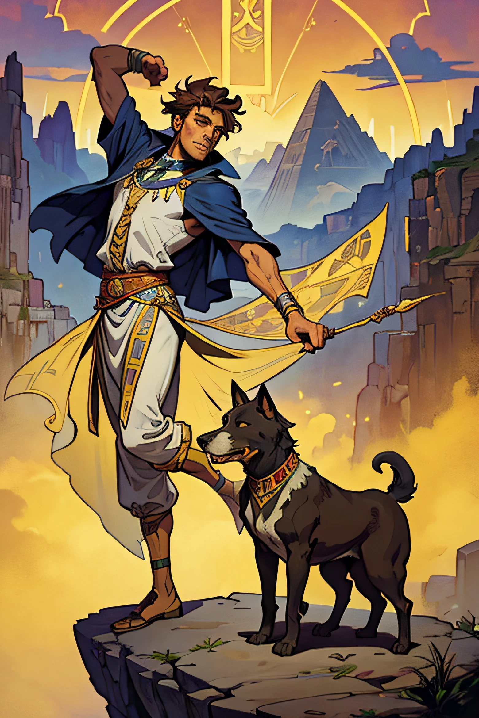 Tarot cards, fool, man, Tie, Mounts and pockets, cliff, dog, Ancient Egypt, Alphonse Mucha, Yellow sky, Blue Mountain, Full-body stand, face detail, dance, Cliff Side