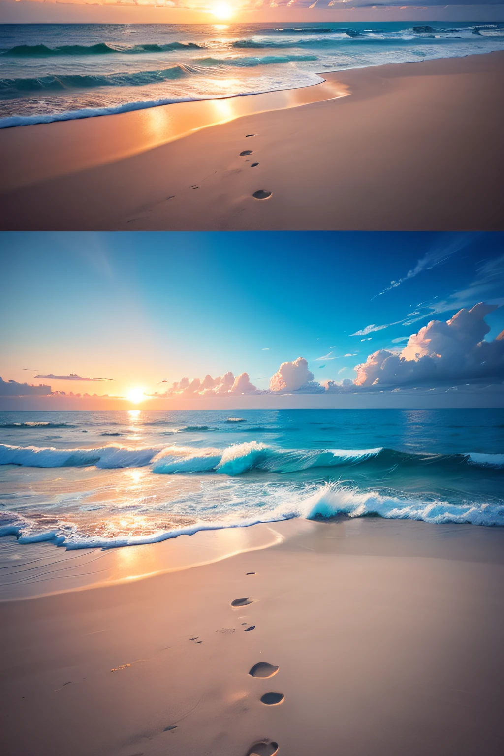 This image shows a beautiful view of the beach,There is a vast ocean。and the sky is blue,There are some clouds。The waves lapping against the coastline,A beautiful wave pattern is formed。The whole scene was very peaceful and relaxing。