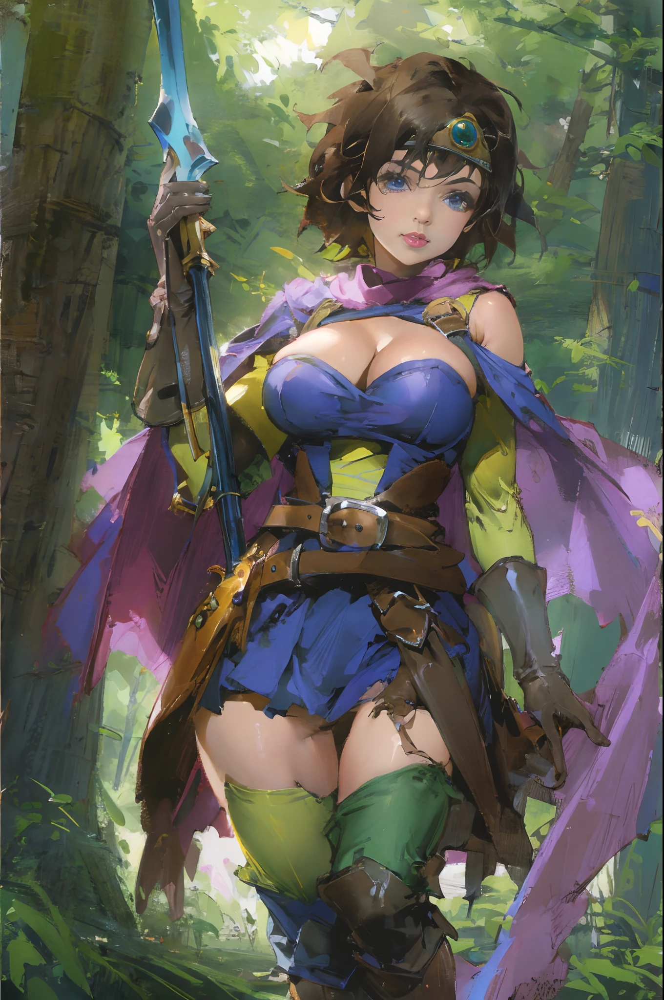 (((Top Quality: 1.4))),(Unparalleled Masterpiece), (Ultra High Definition),(Ultra-Realistic 8k CG),official art, (sheathed weapon on back:1.2), roto (dq3),, solo, short hair, brown hair, blue eyes, circlet, large breasts, cleavage, strapless, blue dress, purple cape, thigh-high , elbow gloves, boots, belt, scabbard,, knee boots, in dark forest,