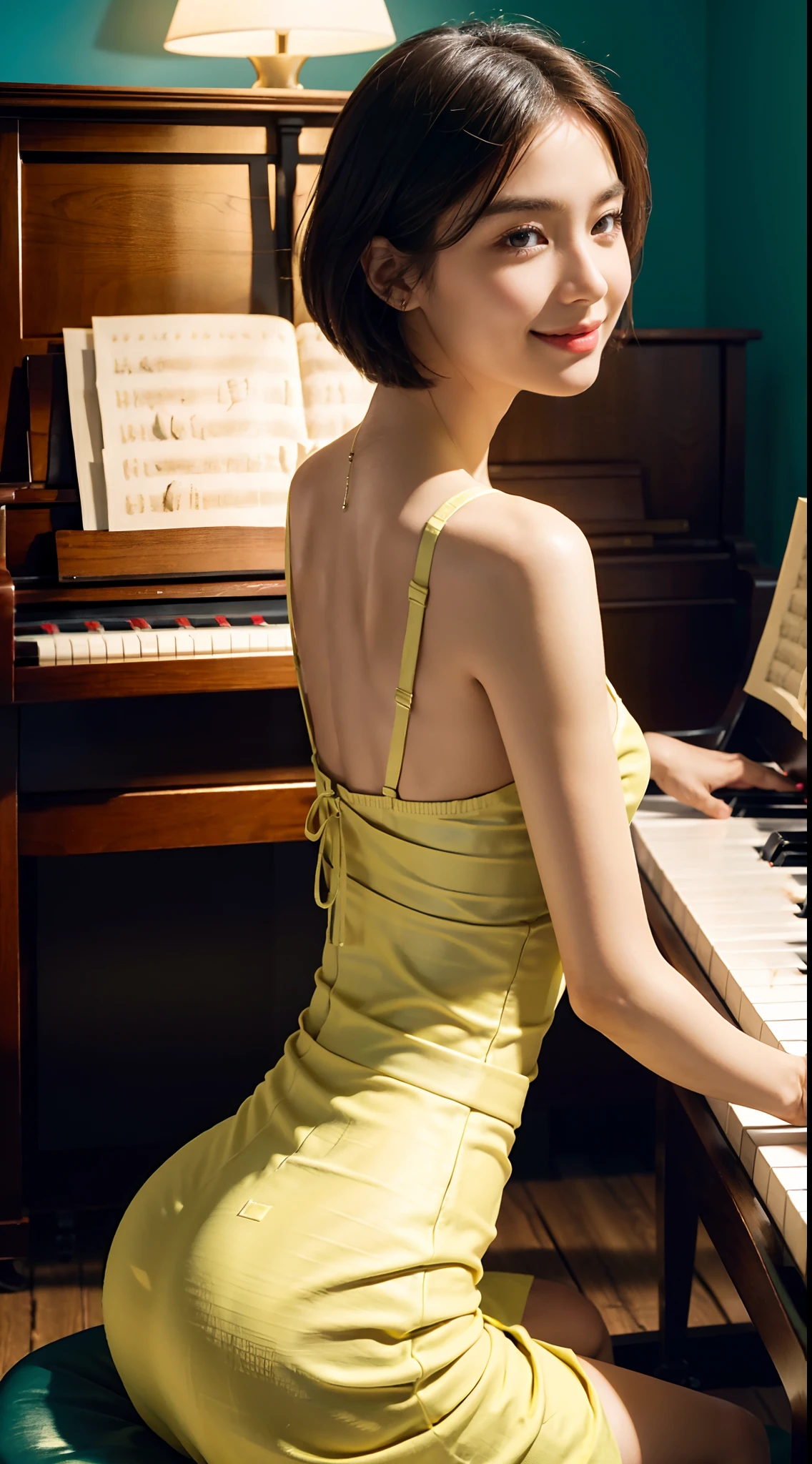 (shoulder-length straight short hair: 1.2),Upper body, （Extremely meticulous CG 8k wallpaper），（Extremely refined and beautiful），（Masterpiece），（best qualtiy:1.0），（Ultra High Resolution:1.0），beautiful light up，Perfect lightning，realistic shaded，[A high resolution]，Smooth and flawless fair skin，Extremely exquisite facial details，ultra - detailed，A  girl，small head，Smile，cheerfulness,Summer，afternoon，Close Shot，at home，In living room,Blue green background，Sitting upright on a stool next to a piano，(Playing piano with both hands:1.3)，enjoying a comfortable and intoxicated expression,small face，（perfect body:1.1）,small breasts，flat chest，slim，thin，(bra wrap buttocks tight fitting dress maxi yellow skirt:1.3)，Slender legs，shoulders off，bare shoulders，Charming collarbone，flowers,sideways