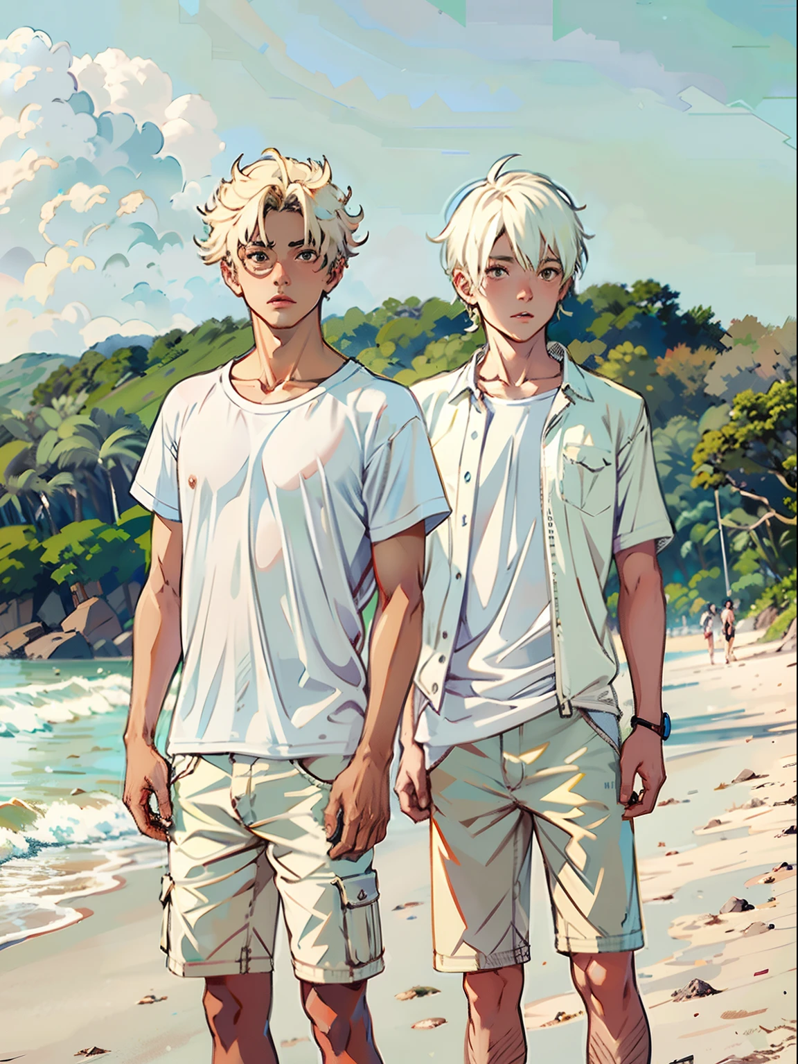 2boys, only、(Man's :2) ,Handsome boy,silber hair、a blond、fullnude、starrysky 、sand beach、Natural lighting、hightquality、masutepiece,8K,NSFW,
