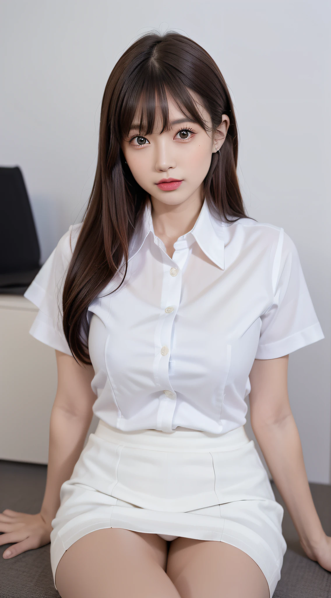 (1girl), ((Best Quality)), (Ultra-detailed), (extremely detailed CG unified 8k wallpaper), Highly detailed, High-definition raw color photos, Professional Photography, Peanut butter brown hair, Amazing face and eyes, Pink eyes, (amazingly beautiful girl), School, ((Business suit, white shirt, short tight skirt:1.5)), (sheer thin panties:1.2), (((A very stylish office with cutting-edge design, stylish lighting, dim office))), Sitting, (Spread your legs wide open),