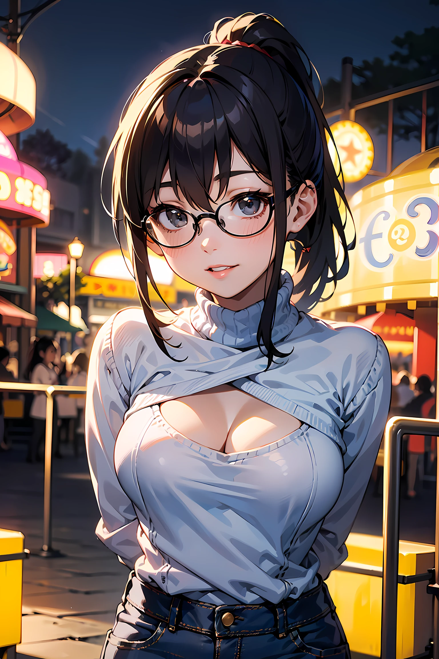 high resolution, Photo of a beautiful woman detailed_face, young handsome girl,realistic:0.5, perfect skin, (wearing a glasses:1.5), from behind:1.5, (ultra-detailed background, detailed background), bokeh, make happy expressions, happy emotion, gorgeous,pure, beautyfull detailed face and eyes,breasts, (black eyes:1.1), (a extremely pretty and beautiful Japanese woman), (sexy girl), (professional attire:1.3), (22 years old: 1.1), BREAK, (lovely outfit:1.2), (detailed blue turtleneck sweater:1.2), (skinny denim pants:1.2), (leather boots))), cleavage, beautiful detailed skin, (cute:1.2), (black hair), ((jpop idol)), (upper thigh:0.6), (depth of field),soft light, Lens Glow looking at viewer, (Drooping eyes:1.2), straight teeth,smile, floating hair, (black hair:1.2), brown eyes BREAK movie scene, cinematic, full colors, 4k, 8k, 16k, RAW photo, masterpiece, professionally color graded, professional photography, high school girl, hair up, , soft clean focus, realistic lighting and shading, (an extremely delicate and beautiful art)1.3, elegant,active angle,dynamism pose BREAK (ponytail:1.3), (shiny-black thin hair:1.2), bangs, dark brown eyes, beautiful eyes, princess eyes, (big eyes:1.3), bangs, wearing a glasses:1.3, Hair between eyes, short hair:1.3, (slender:1.1), (medium-breasts:0.95), (thin waist: 1.15), (detailed beautiful girl: 1.4), Parted lips, Red lips, full-make-up face, (shiny skin), ((Perfect Female Body)), (upper body image:1.3), Perfect Anatomy, Perfect Proportions, (most beautiful Korean actress face:1.3, extremely cute and beautiful Japanese actress face:1.3), ,(1glasses girl:1.3, solo), ,(blush:1.1), gray background, solo focus, (bust shot:1.2), cinematic light, (nostalgic night scene:1.4), (amusement park:1.4), (merry-go-round、the Ferris wheel、rollercoaster), (arms behind back :1.4), (looking at viewer:1.2