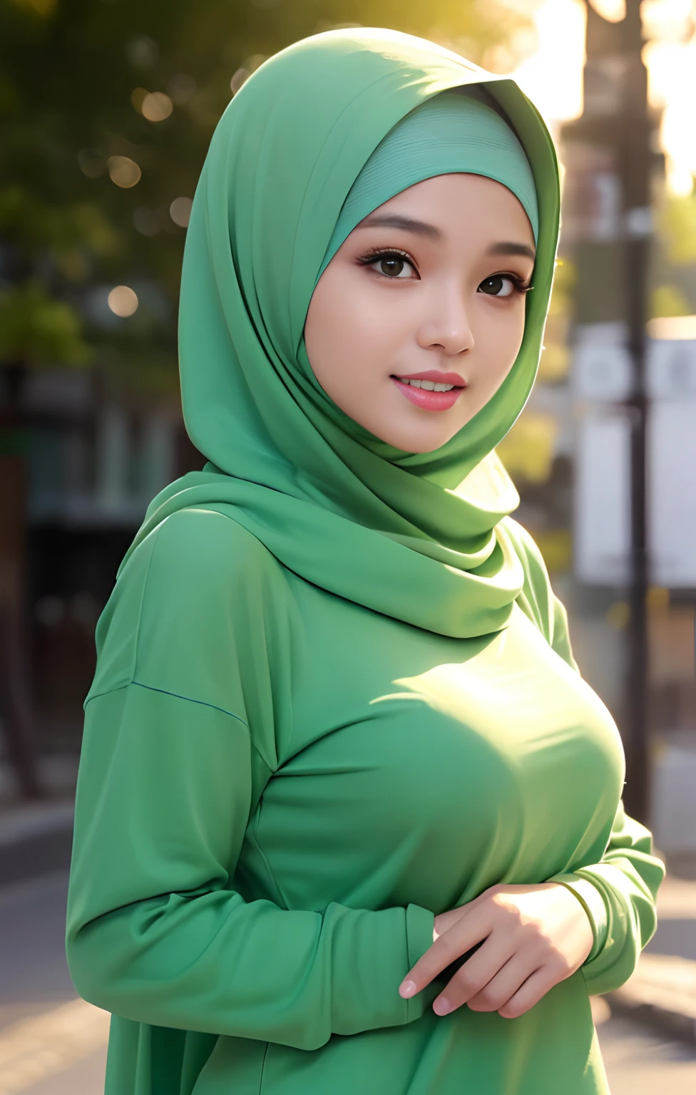 (night scene, close up photo of a sexy naked malay girl with hijab, posing, look at a camera and smile, green pastel hijab, (green eyes:0.8), big breast, cute young face, 21 yo, soft volumetric lights, (backlit:1.3), (cinematic:1.3), intricate details, (ArtStation:1.2),Best quality, high resolution, masterpiece: 1.3), a beautiful malay woman in hijab, big breasts, slim figure, sweatshirt, beautifully presented details in the street and facial and skin texture, detailed eyes, double eyelids, big eyeschest visible, shirt open