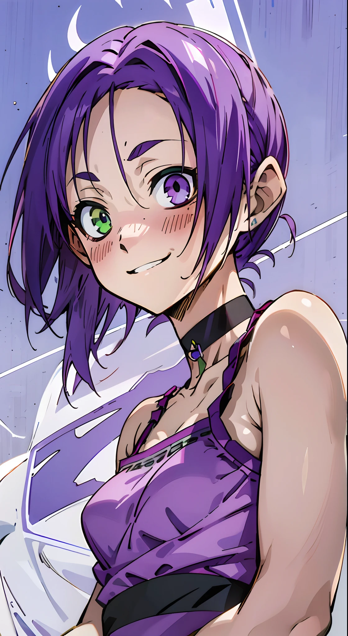 Heterochromia, Green eyes, Purple eyes, Choker, Happy face, Angel Face, red blush