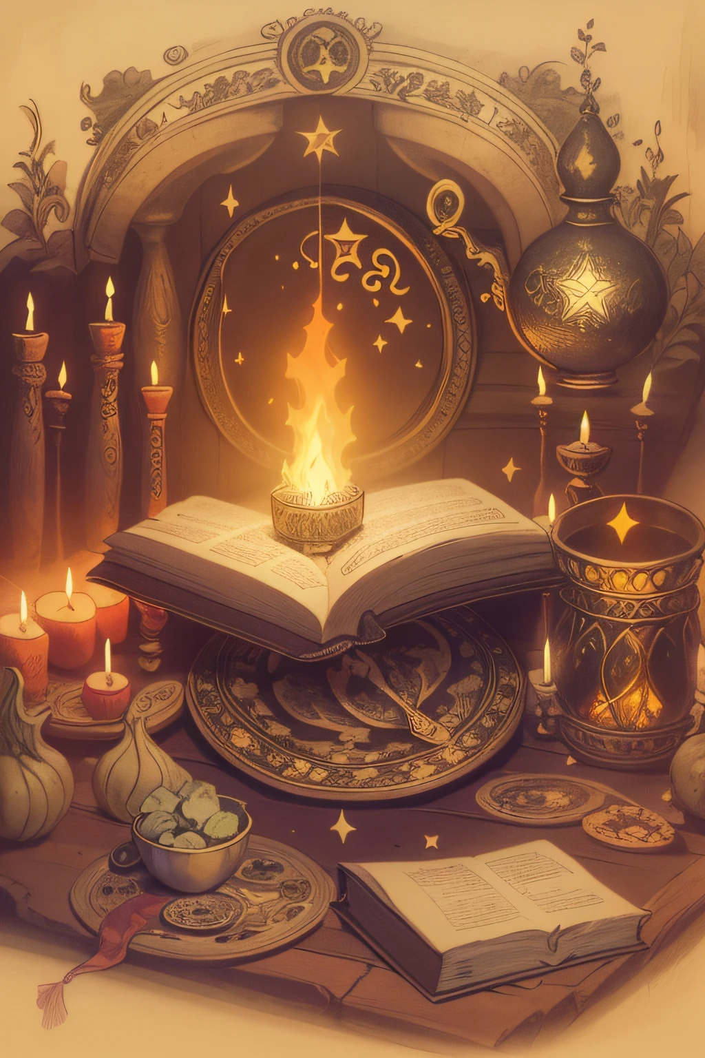 Numerological ritual magic,A book with candles, There is a shining star in the middle. The candles exude a mysterious aura, flashing lights, Illuminate the pages of the book. The setting is set in a comfortable room, Create an atmosphere of domestic witchcraft. The book contains various mantras, Pay special attention to sacred fire spells and incantations. The pages are equipped with intricate magic symbol drawings and engaging illustrations, The book's aesthetic embodies the breath of mystical alchemy and dark magic.The scene is reminiscent of illustrations from fantasy books, evoking a sense of wonder and enchantment