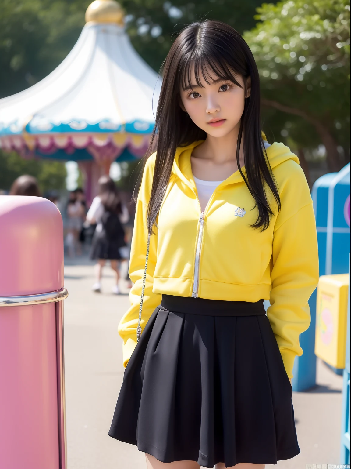 年轻，(Skirts in bright colors)，Mokomoko's hoodie，teens girl，Delicate body，petite body，Delicate body，small tits，tiny chest，Short，A dark-haired，Very Longhair，a shower，An amusement park