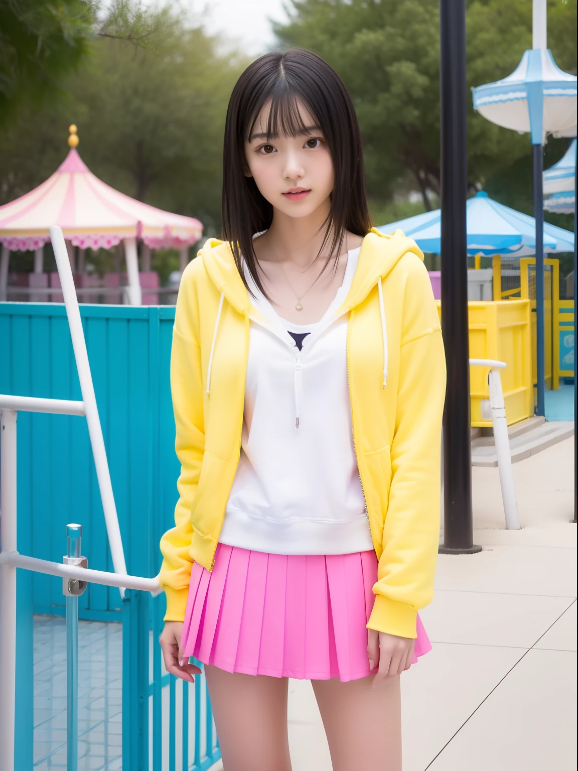 年轻，(Skirts in bright colors)，Mokomoko's hoodie，teens girl，Delicate body，petite body，Delicate body，small tits，tiny chest，Short，A dark-haired，Very Longhair，a shower，An amusement park