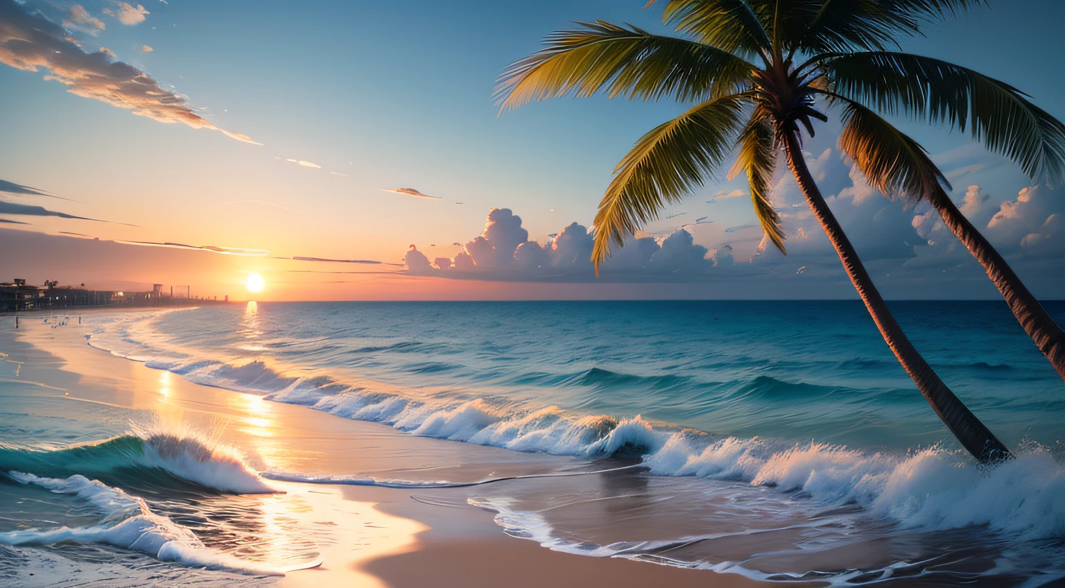 (Best quality,4K,A high resolution,Masterpiece:1.2),Ultra-detailed,Realistic,Photorealistic,landscape,Sunny day,Sparkling water,On a beautiful beach,Vast ocean,blue-sky,Fluffy clouds,tranquil,relaxing,Long sandy coastline，The waves are gentle,hdr,Vivid colors,The sun sparkles on the water,crystal clear water,White foam on the waves,Seagulls flying in the distance,Swaying palm trees on the beach,Soft golden sand,Gentle sea breeze,tranquil ambiance