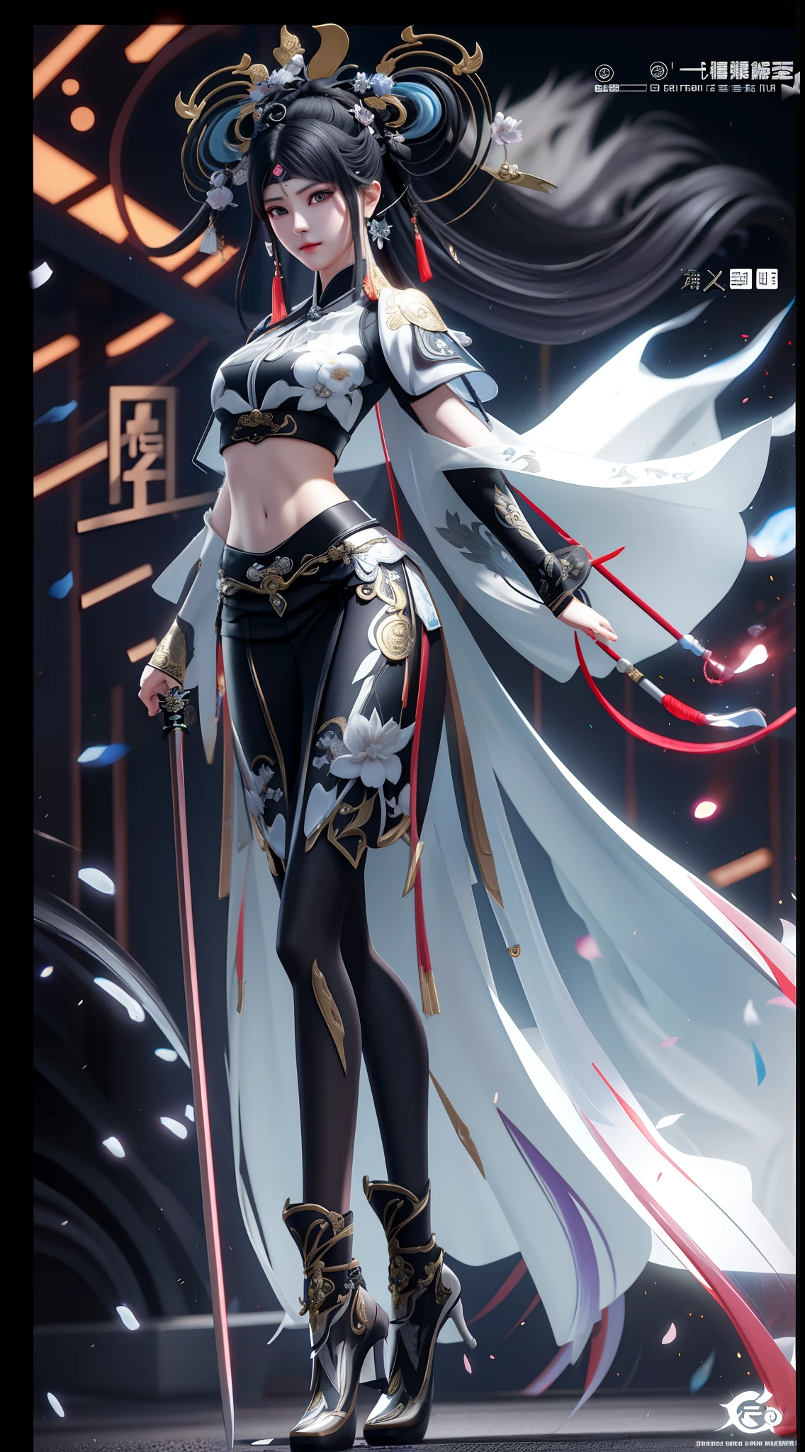 a woman in a black and white outfit holding a sword, full-body xianxia, by Yang J, Lengthen the length of the legs，epic exquisite  character art, anime figure; Full-body art, Full body CGsociety, beautiful full-body concept art, detailed full-body concept, chengwei pan on artstation, 8K high quality detailed art, cgsociety and fenghua zhong
