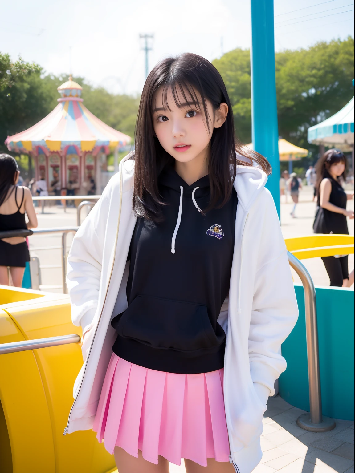 年轻，(Skirts in bright colors)，Mokomoko's hoodie，teens girl，Delicate body，petite body，Delicate body，small tits，tiny chest，Short，A dark-haired，Very Longhair，a shower，An amusement park