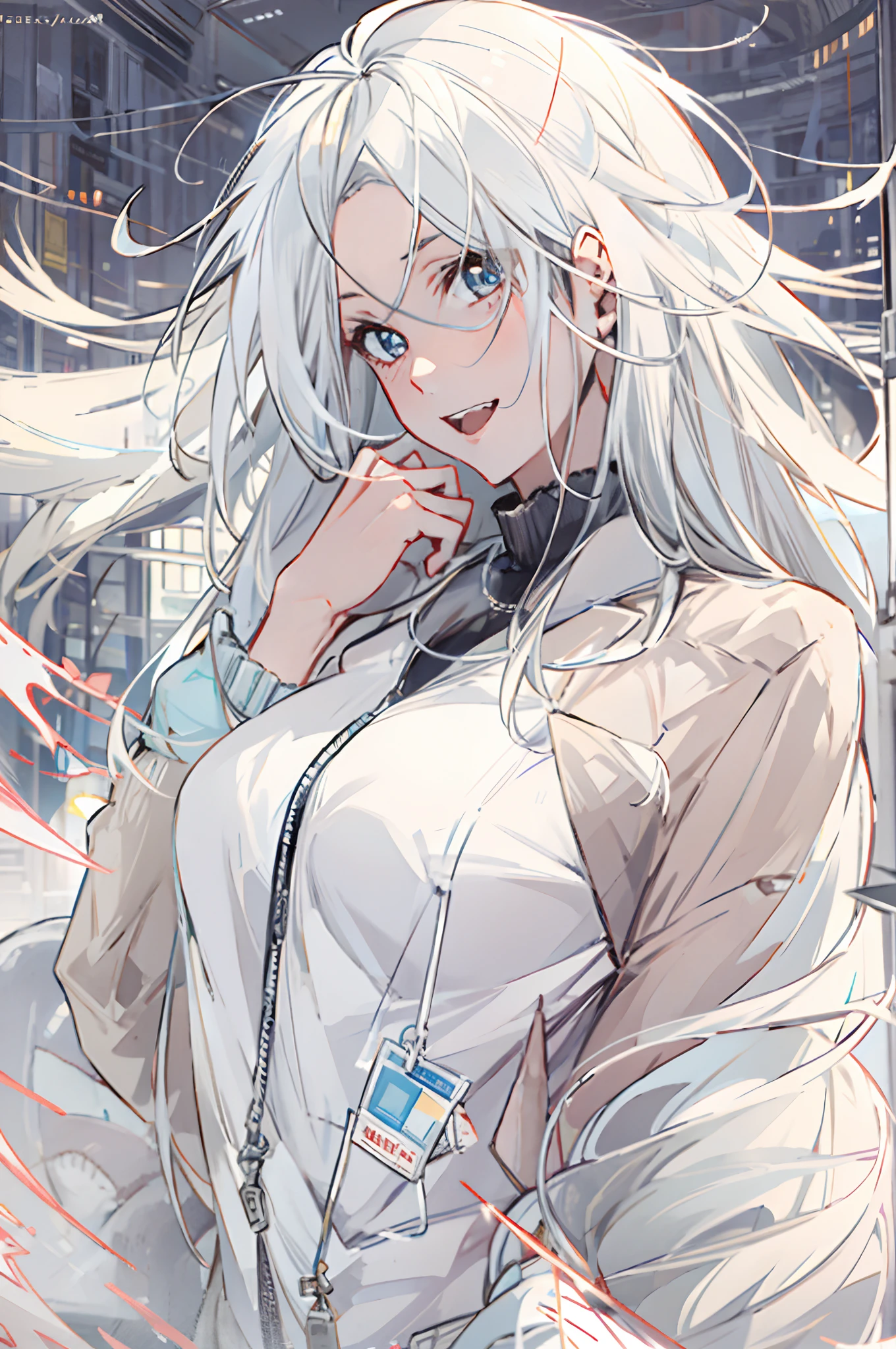 （（style of anime）），White Skin Skin，long whitr hair，White hair，ssmile，mesmerizing eyes，beauitful face，tmasterpiece，best qualtiy