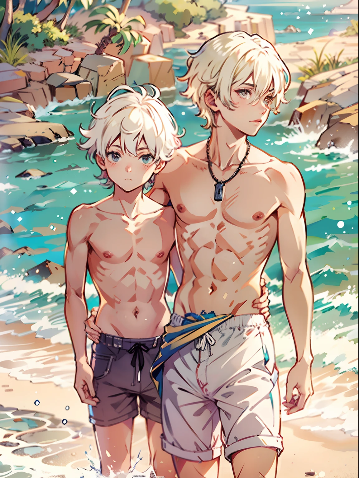 2boys,13 only、(Man's :2) ,Handsome boy,silber hair、a blond、fullnude、starrysky 、sand beach、Natural lighting、hightquality、masutepiece,8K,NSFW,