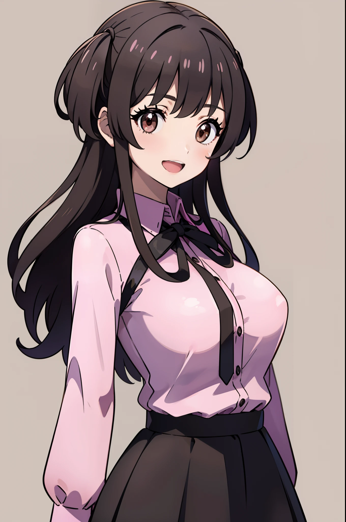​masterpiece, top-quality, Hi-Res,(1 girl in)、(simple background:1.5),、pokemon style、Yuko Hajifuyu、, Black hair, (Brown eyes:1.5), Long hair, a black ribbon, Black skirt, Bow, bowtie, frill shirt, frilld, , Long sleeves, Neck ribbon, (PINK SHIRT:1.5), bow ribbon, Shirt, Skirt,ssmile、Open mouth、huge tit、