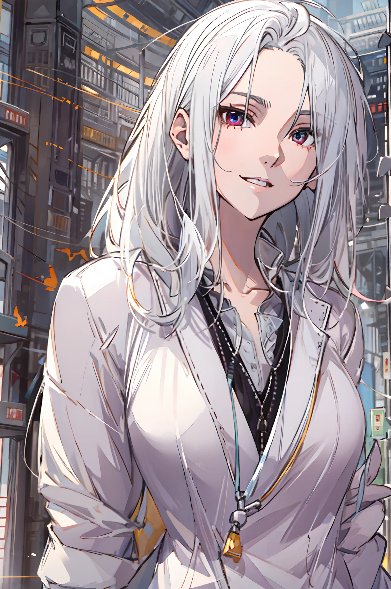 （（style of anime）），White Skin Skin，long whitr hair，White hair，ssmile，mesmerizing eyes，beauitful face，tmasterpiece，best qualtiy