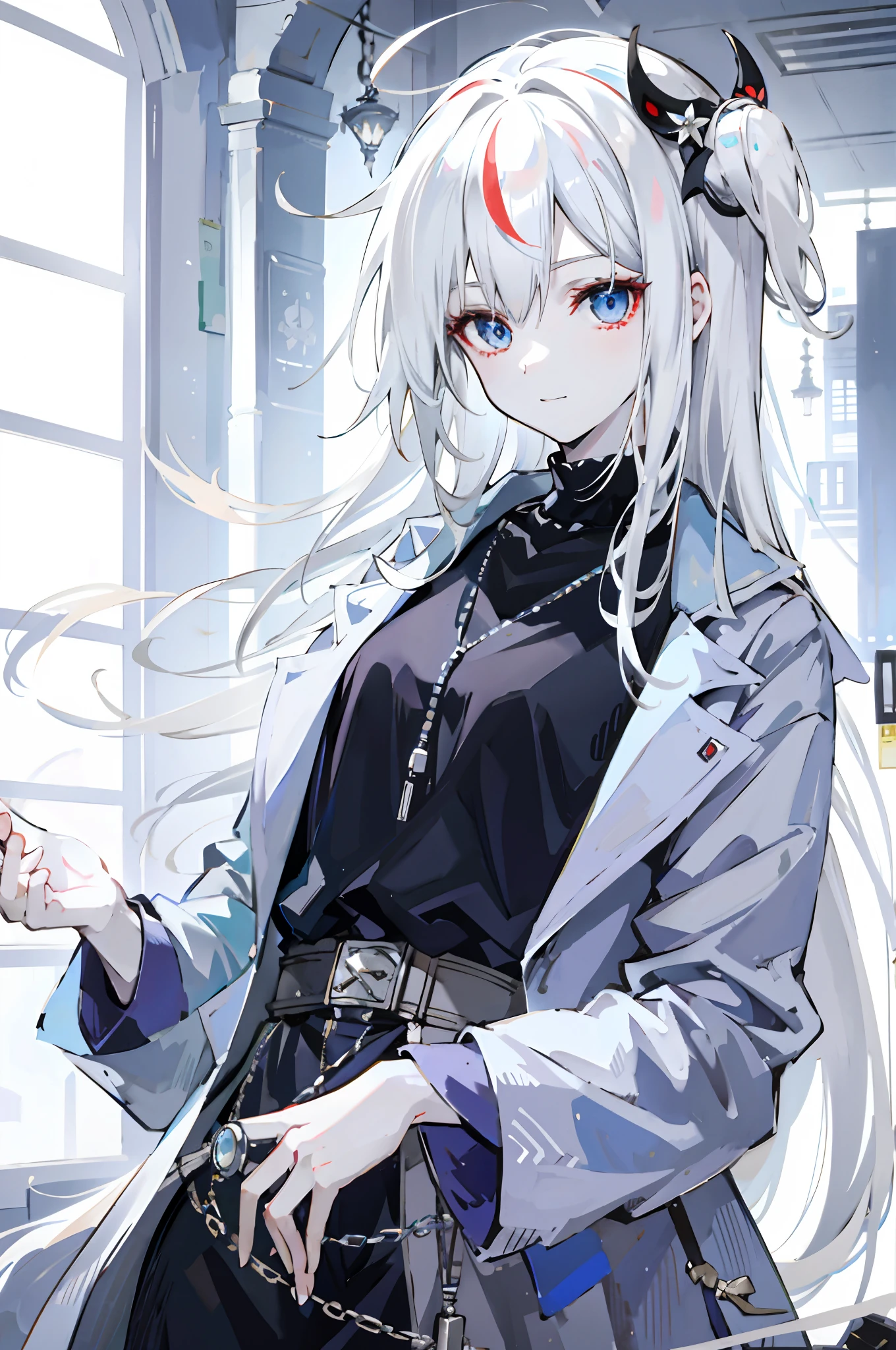 （（style of anime）），White Skin Skin，long whitr hair，White hair，ssmile，mesmerizing eyes，beauitful face，tmasterpiece，best qualtiy