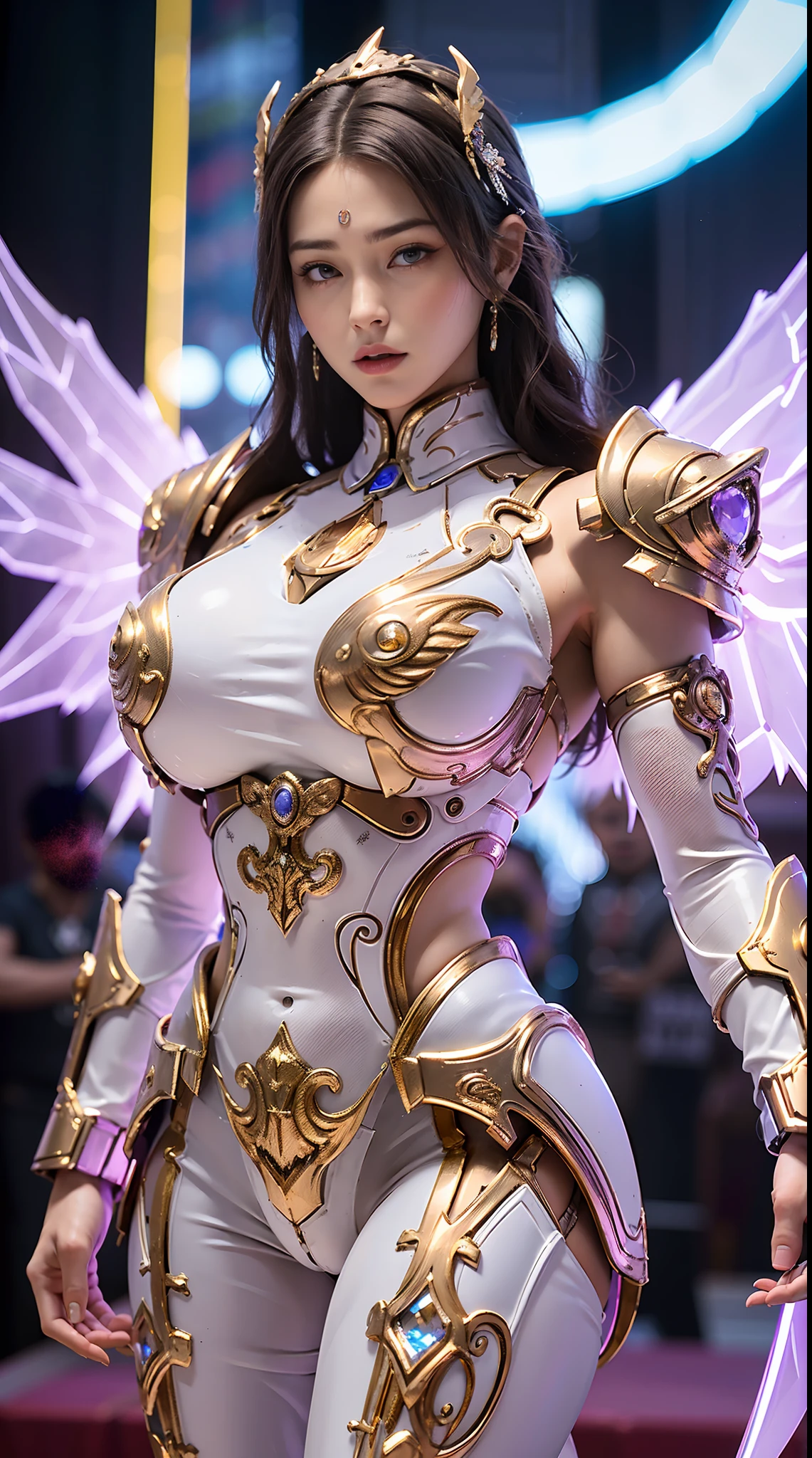 Una mujer, Cara hermosa, tetas enormes, Rgb, Blanco, oro, morado, MECHA ARMOR FULL GEAR, (traje), (escote), (A PAIR OF LARGER WINGS), transparente, piernas altas, En pie, cuerpo sexy, abdominales musculares.