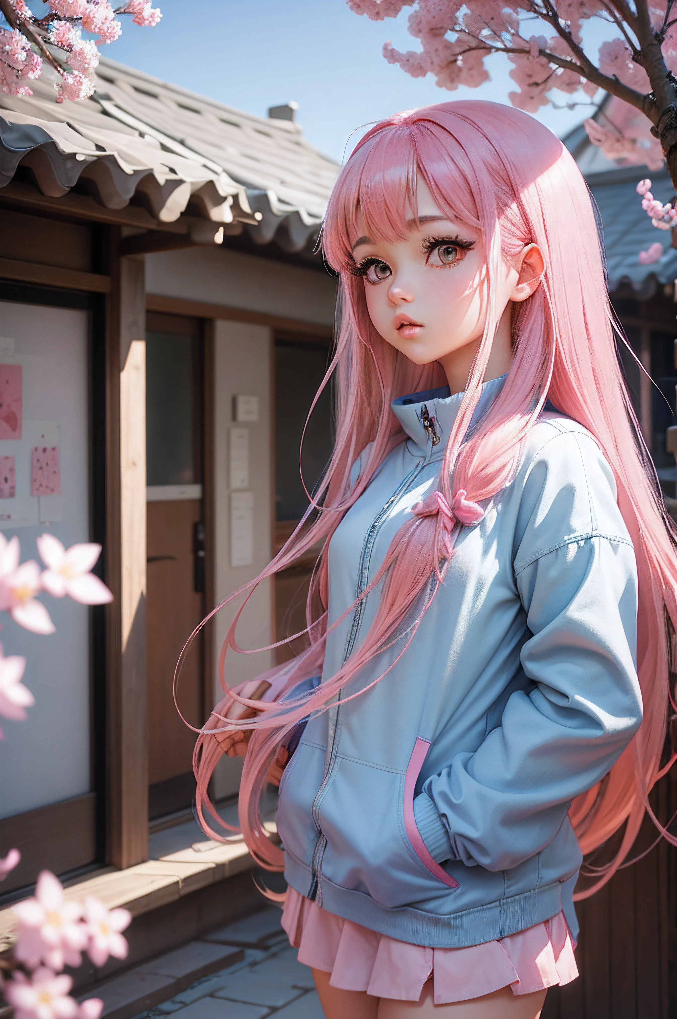 anime girl looks like selena Gomez, long pink hair, blue clothes on the girl, houses of pure white and sakura of blue and pink are visible on a blurry background, pink and blue sakura branches in the foreground, style illustration, ArtStation, Pixar Animation Studio